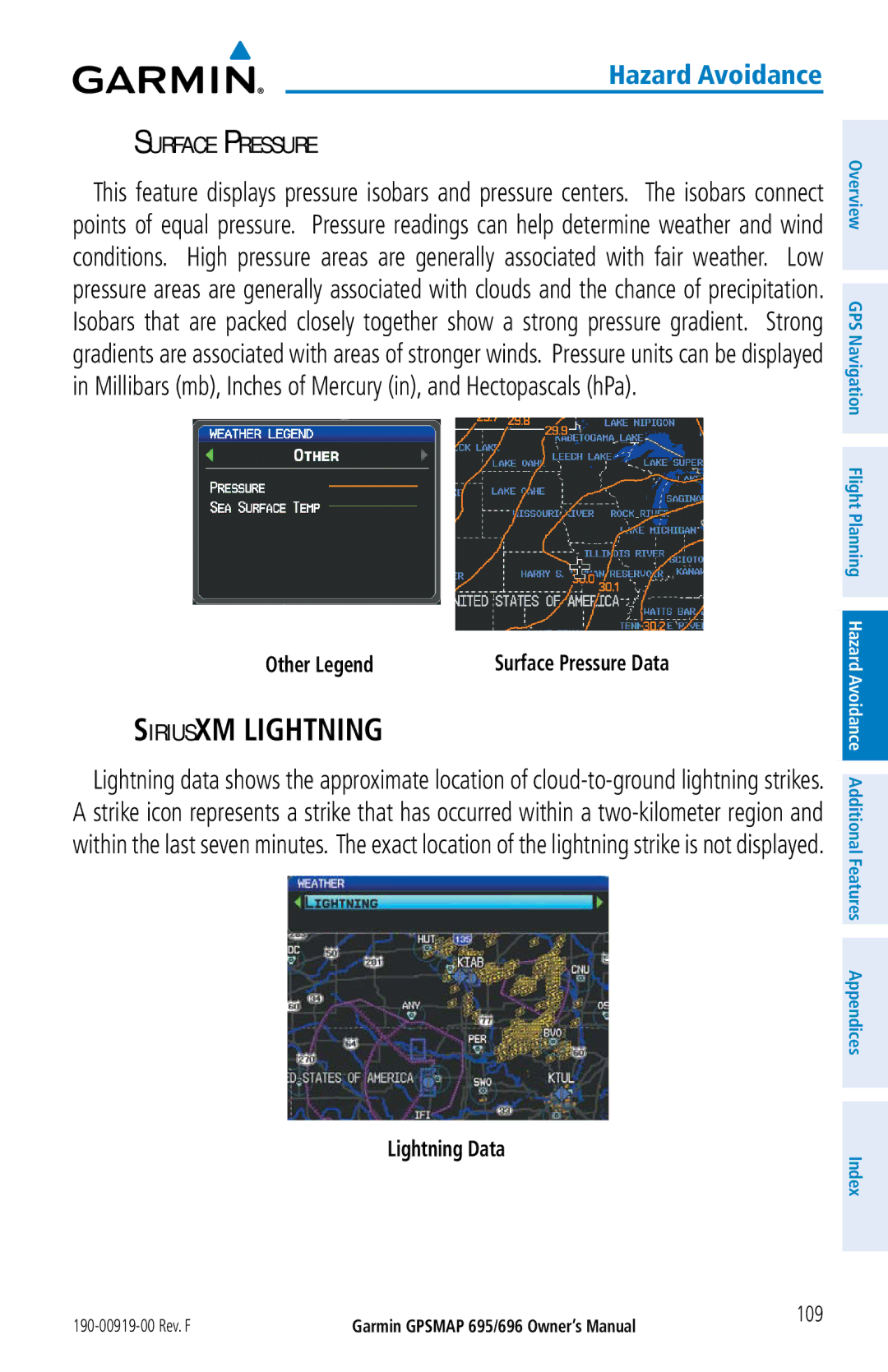 Garmin 696, 695 owner manual Surface Pressure, Other Legend, Lightning Data, 109 