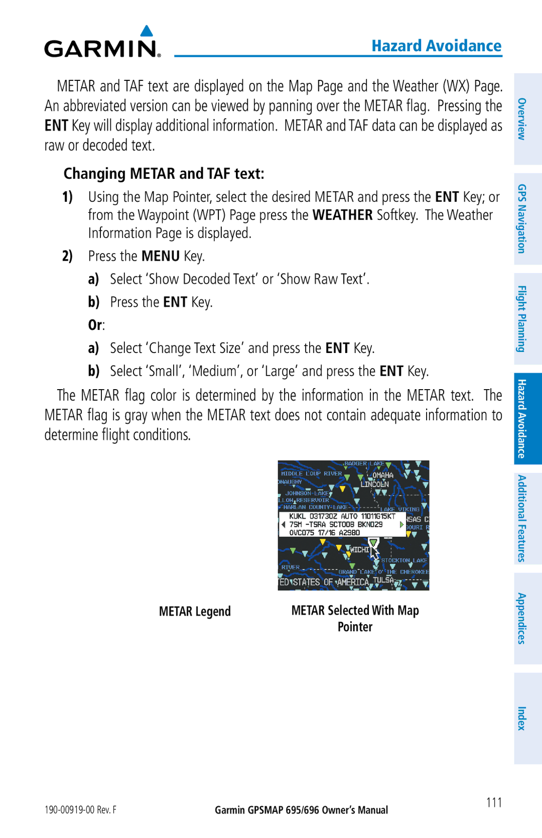 Garmin 696, 695 owner manual Changing Metar and TAF text, Metar Legend, 111 