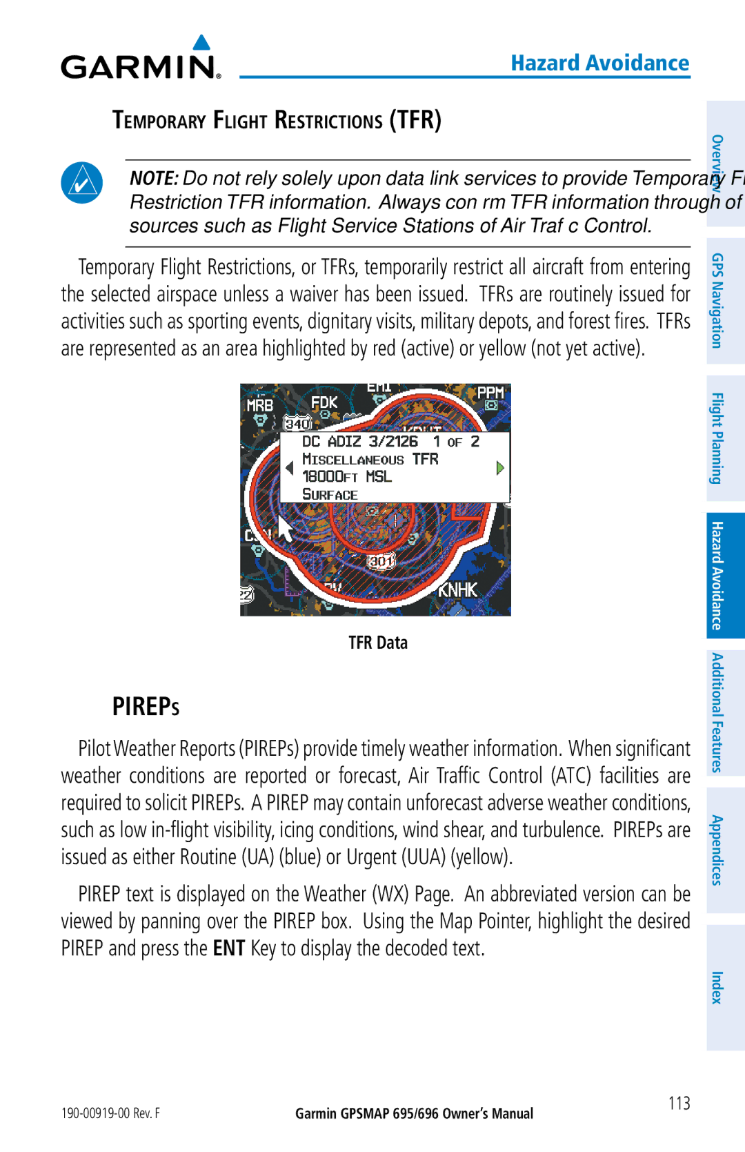 Garmin 696, 695 owner manual Temporary Flight Restrictions TFR, TFR Data, 113 