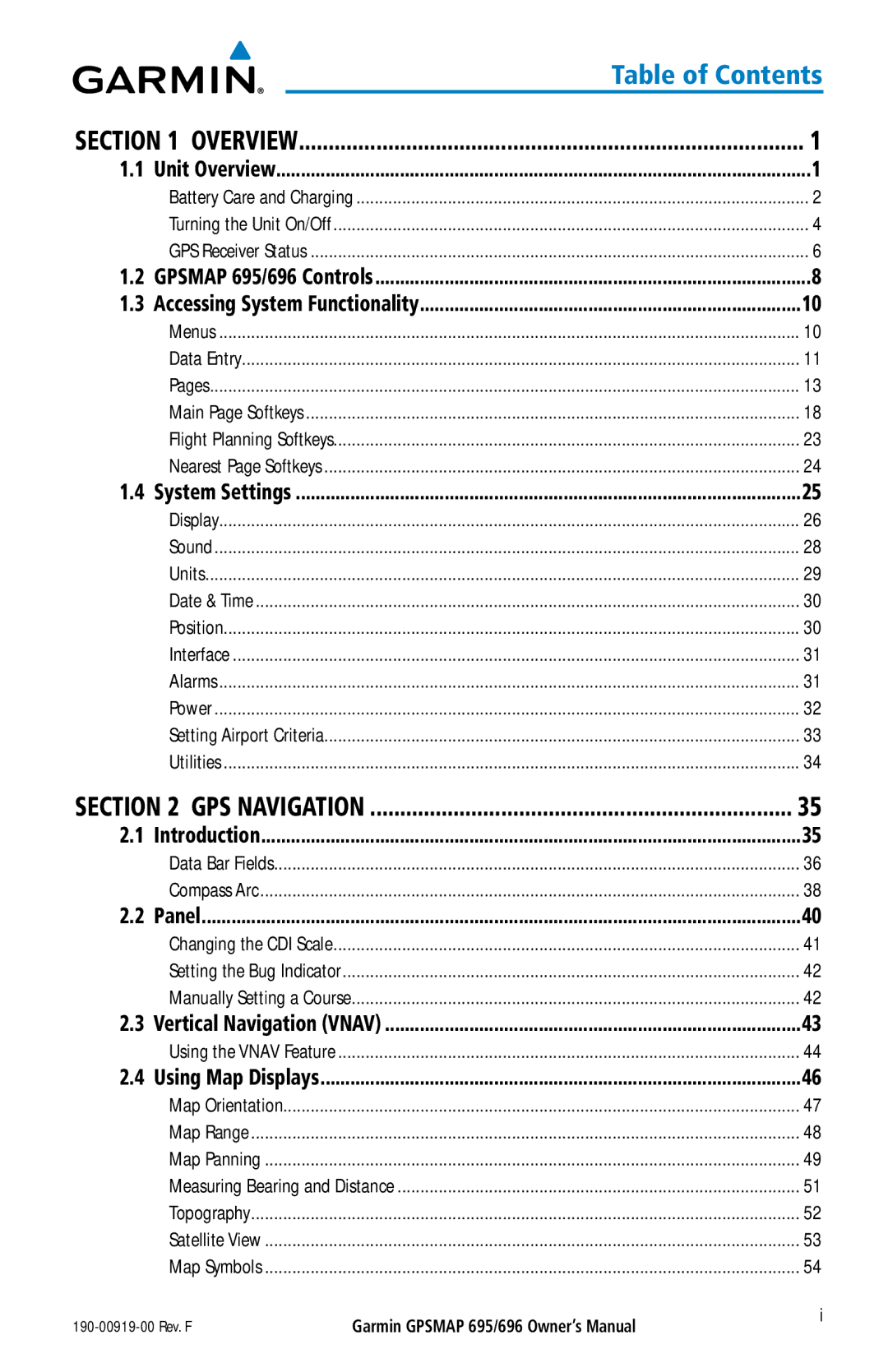 Garmin 696, 695 owner manual Table of Contents 