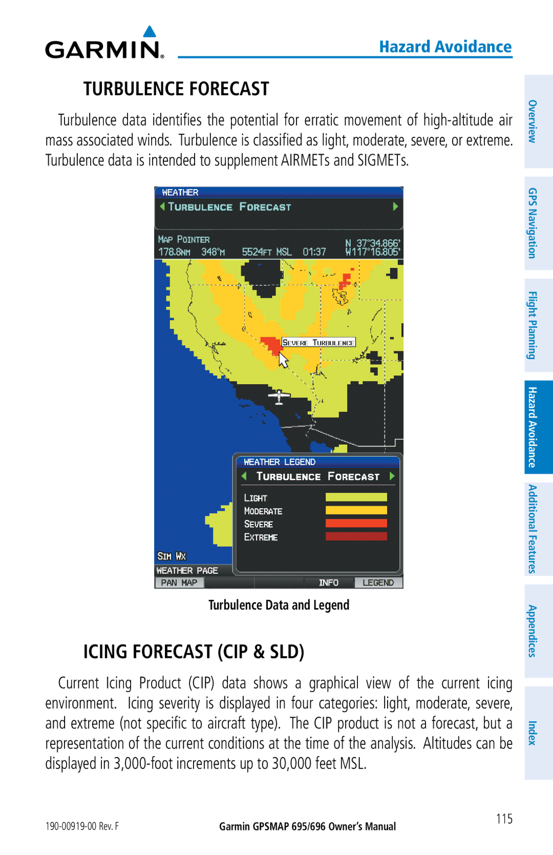 Garmin 696, 695 owner manual Turbulence Forecast, Icing Forecast CIP & SLD, Turbulence Data and Legend, 115 