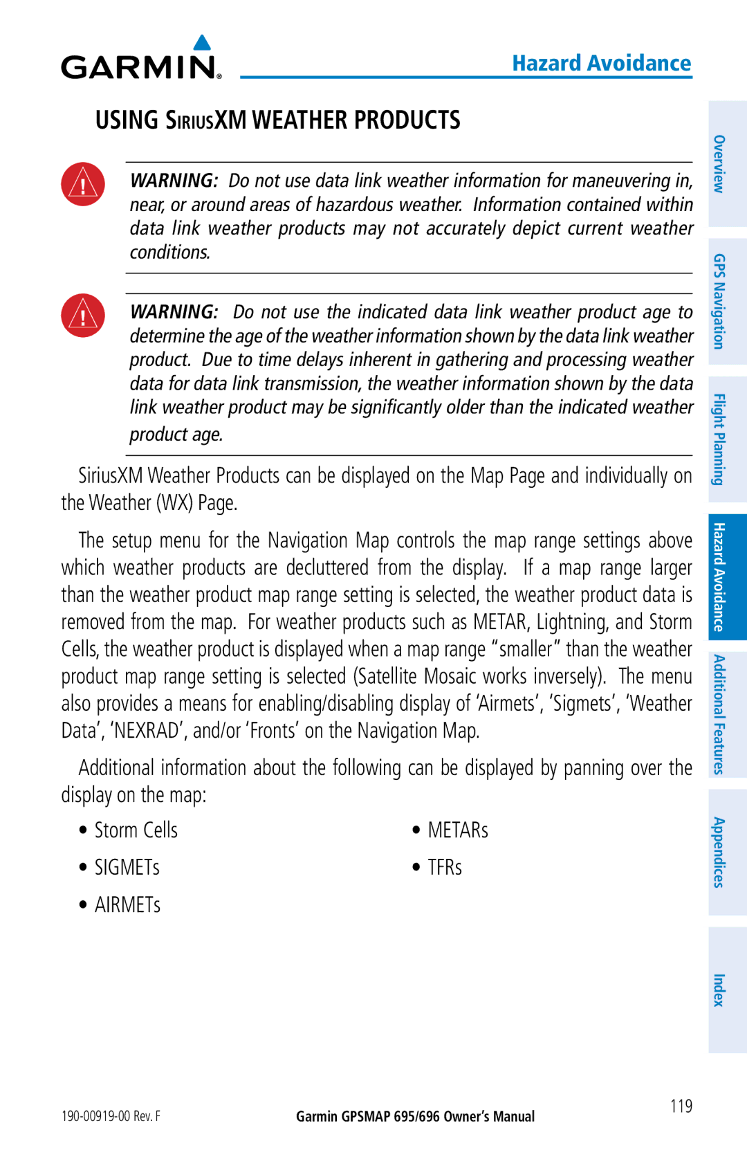 Garmin 696, 695 owner manual SIGMETs TFRs AIRMETs, 119 