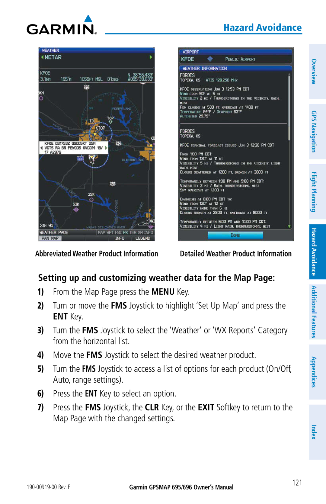 Garmin 696, 695 owner manual Setting up and customizing weather data for the Map, 121 