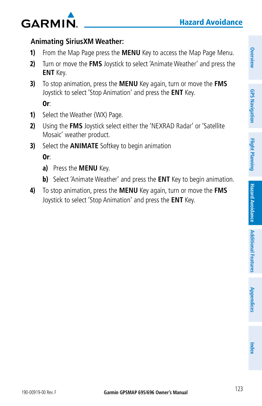 Garmin 696, 695 owner manual Animating SiriusXM Weather, 123 