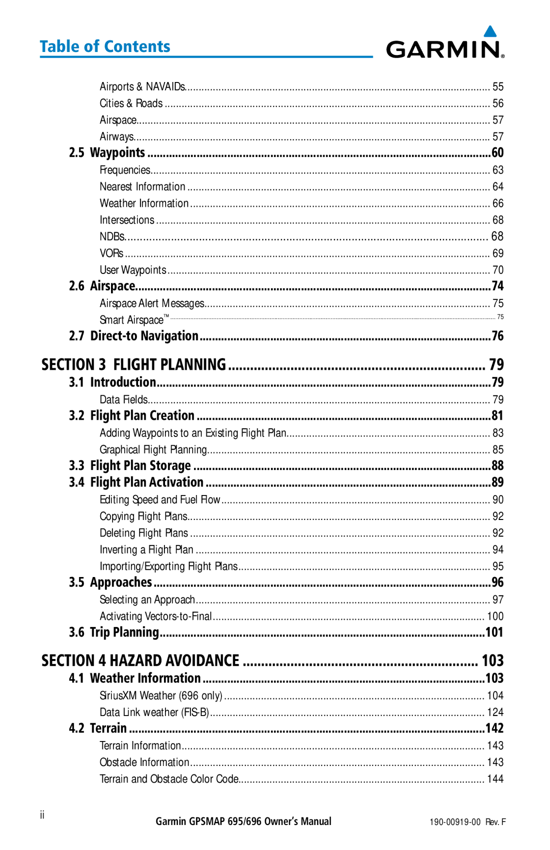 Garmin 695, 696 owner manual Table of Contents 