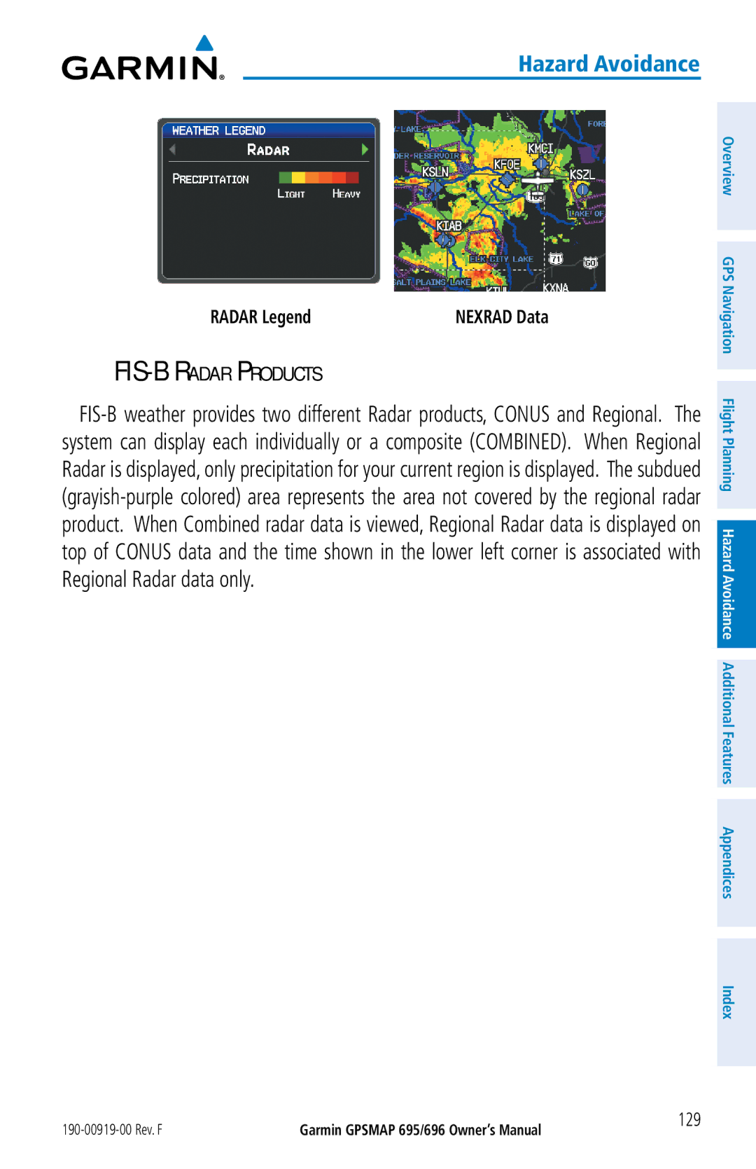 Garmin 696, 695 owner manual FIS-B Radar Products, 129 