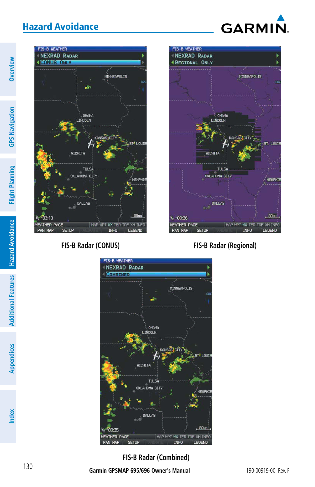 Garmin 695, 696 owner manual FIS-B Radar Conus, FIS-B Radar Combined 