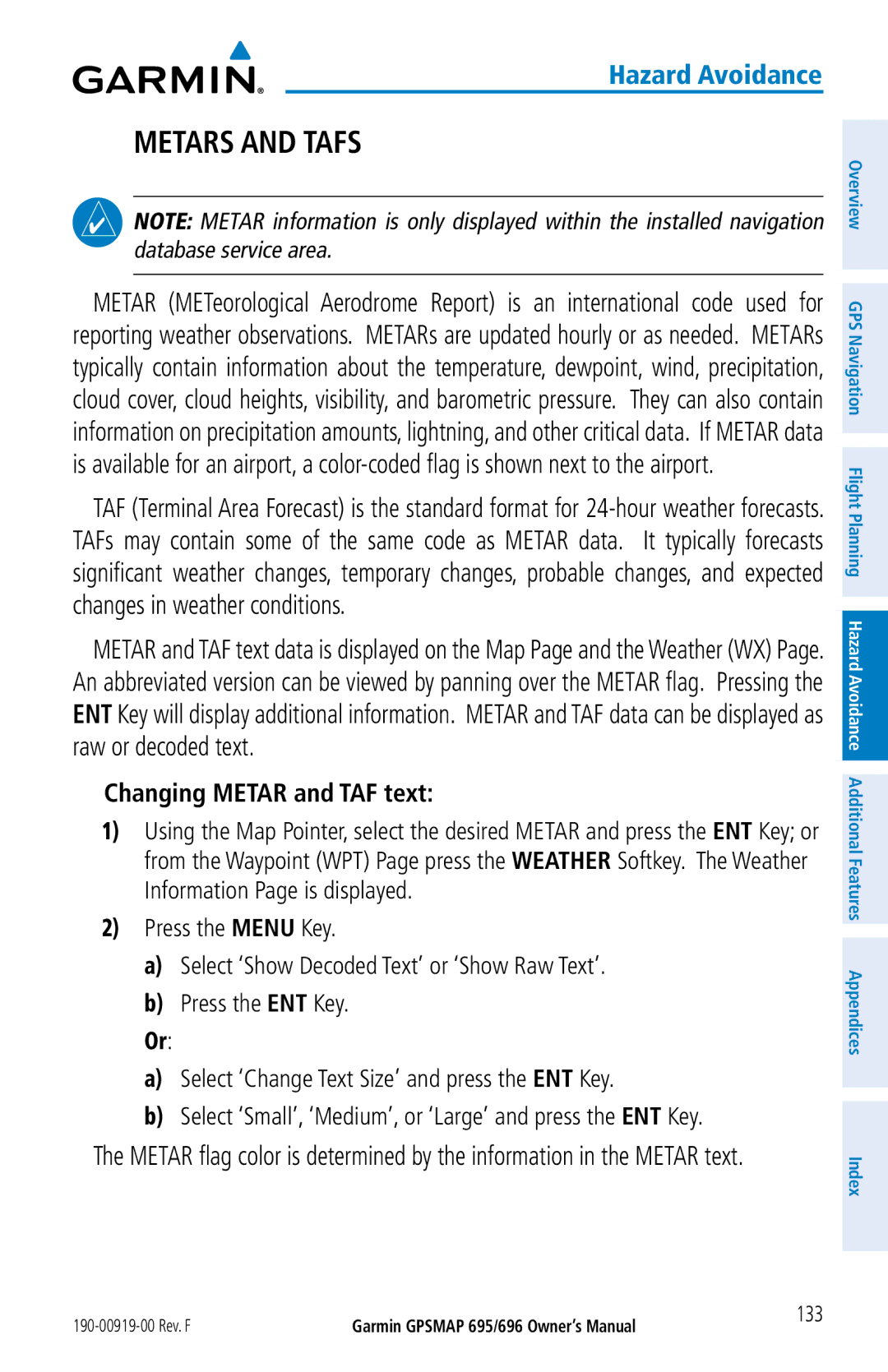 Garmin 696, 695 owner manual Metars and Tafs, 133 