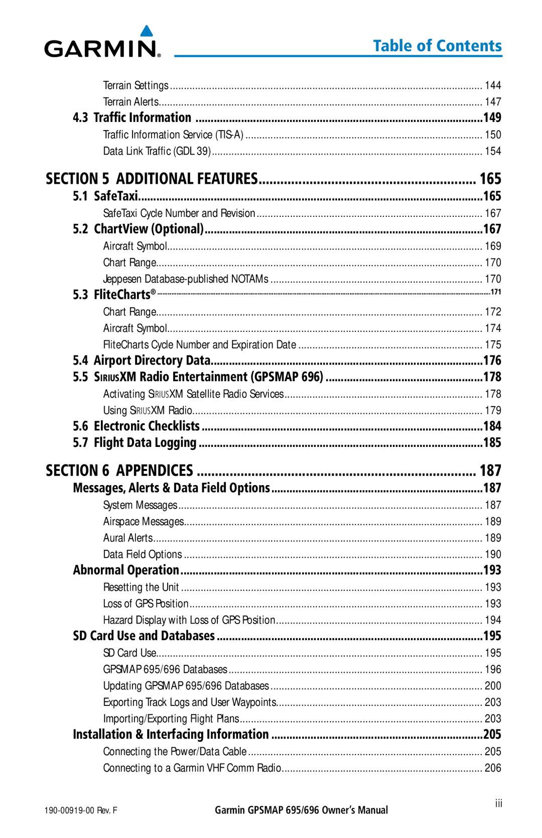 Garmin 696, 695 owner manual 149, 165, 167, 176, 178, 184, 185, 187, 193, 195, 205 