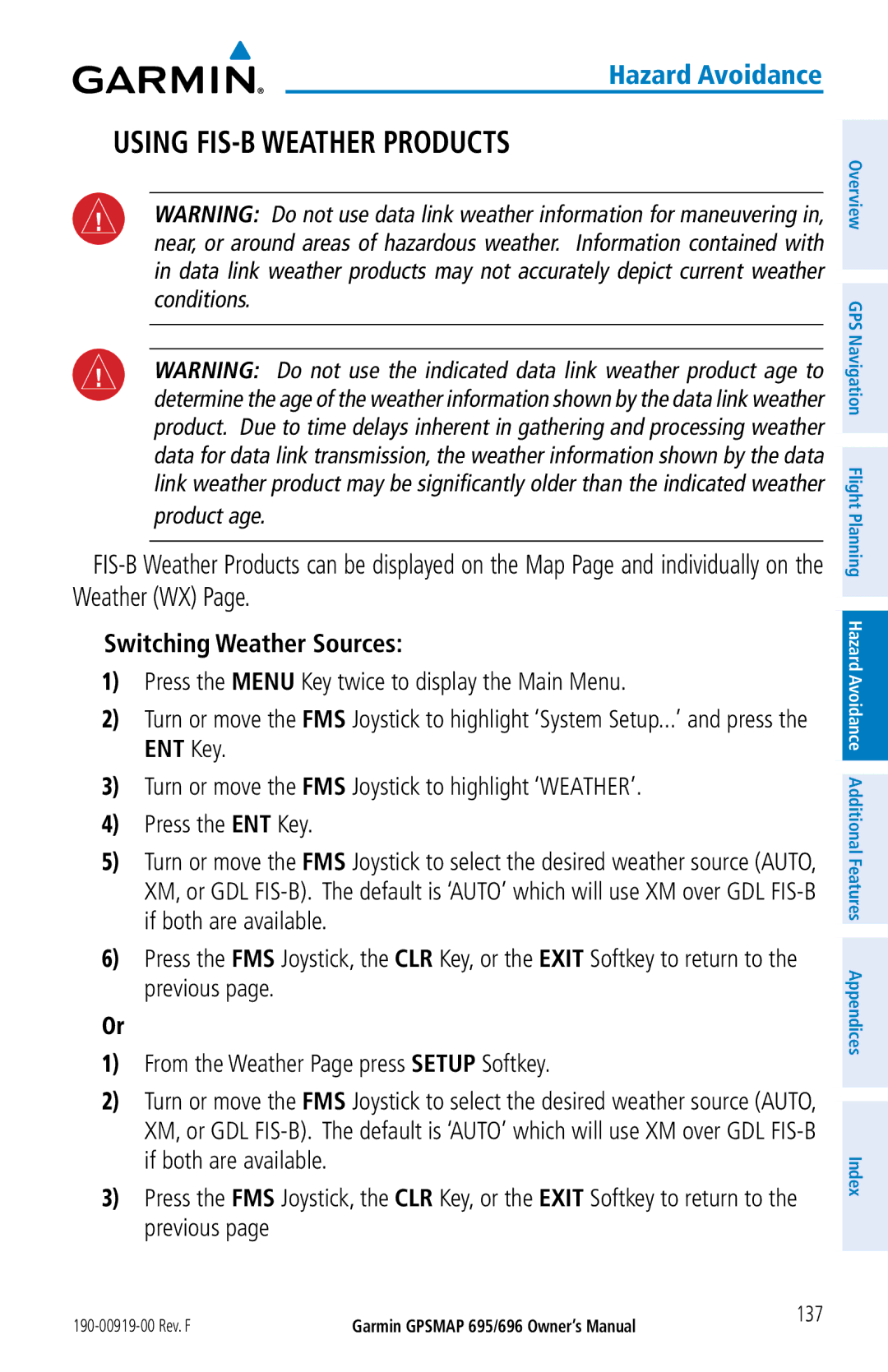 Garmin 696, 695 owner manual Using FIS-B Weather Products, 137 