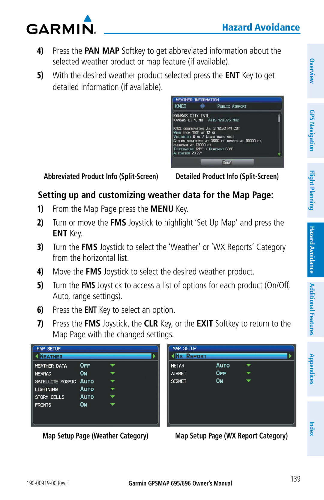 Garmin 696, 695 owner manual Setting up and customizing weather data for the Map, 139 