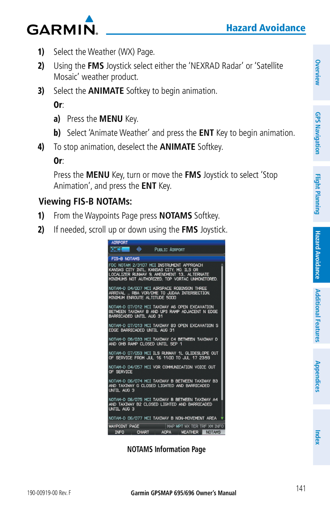 Garmin 696, 695 owner manual Viewing FIS-B NOTAMs, Notams Information, 141 