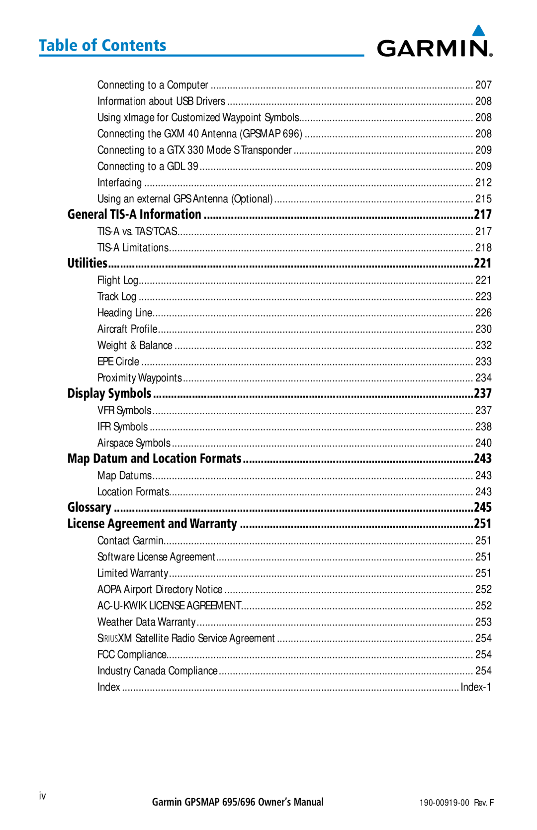 Garmin 695, 696 owner manual 217, 221, 237, 243, 245, 251 