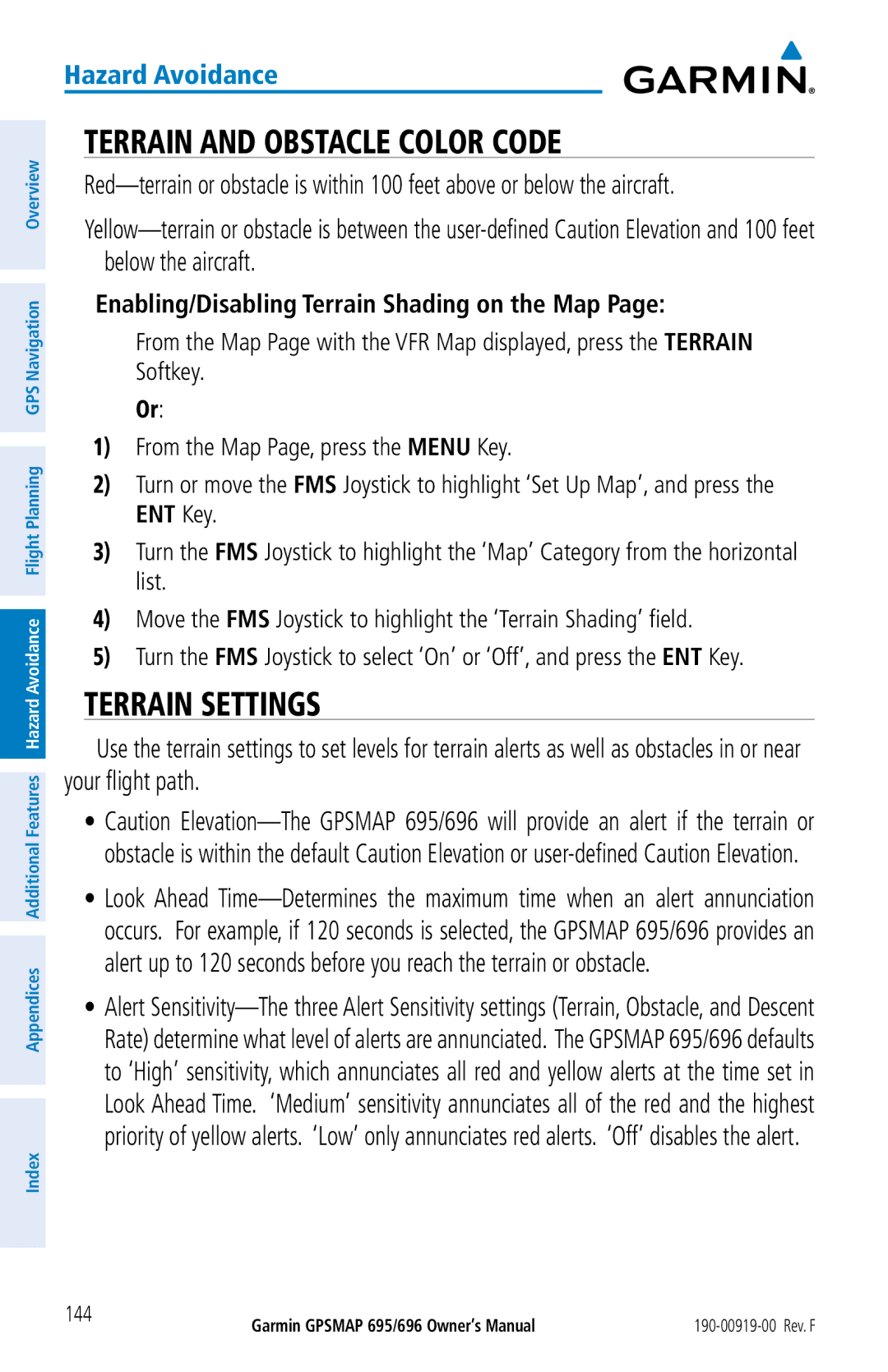 Garmin 695, 696 Terrain and Obstacle Color Code, Terrain Settings, Enabling/Disabling Terrain Shading on the Map 