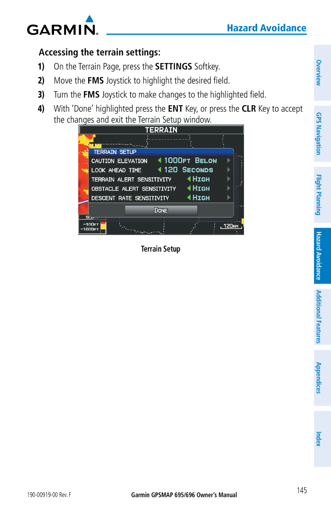 Garmin 696, 695 owner manual Accessing the terrain settings, Terrain Setup, 145 