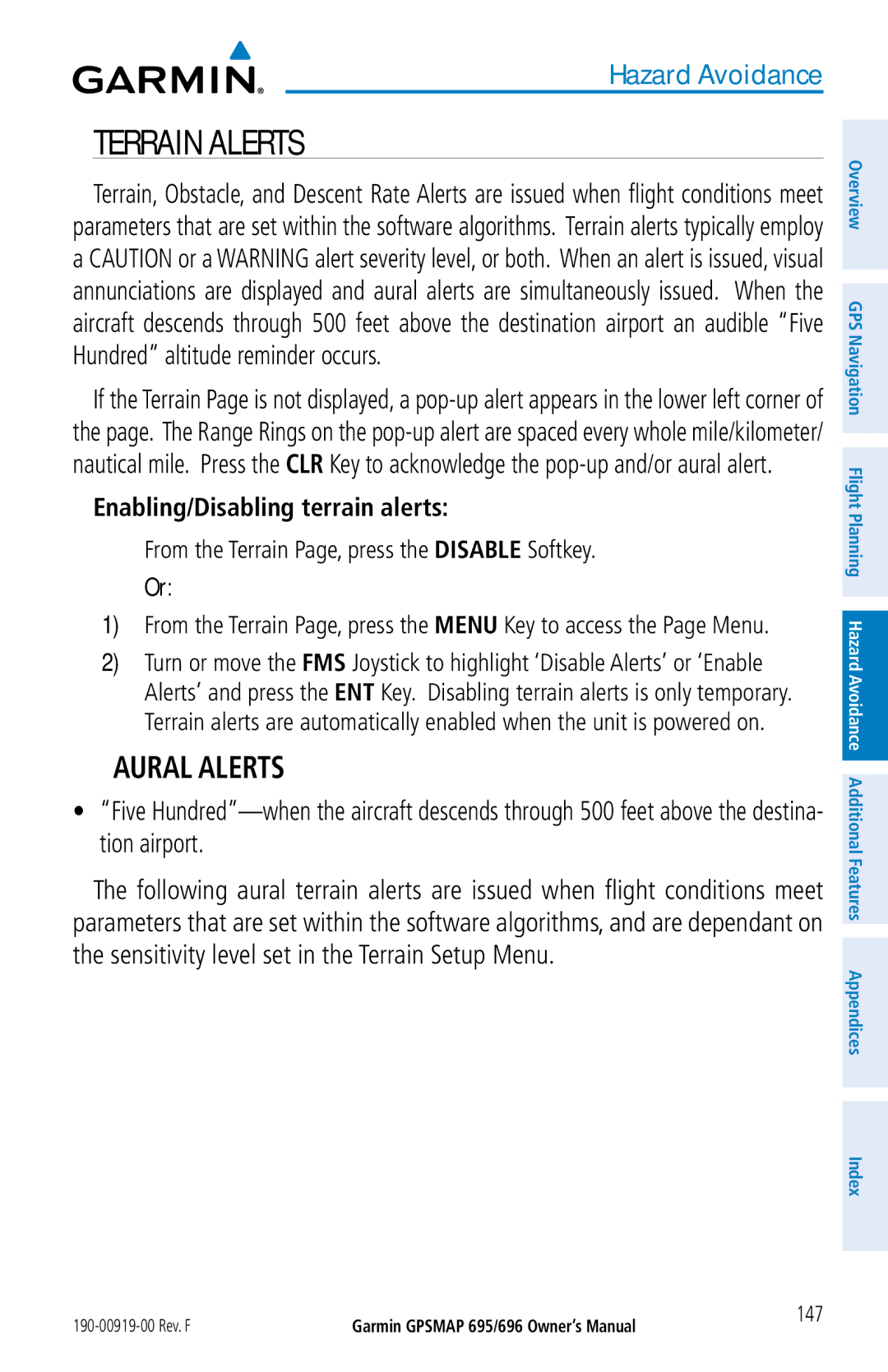 Garmin 696, 695 owner manual Terrain Alerts, Aural Alerts, Enabling/Disabling terrain alerts 