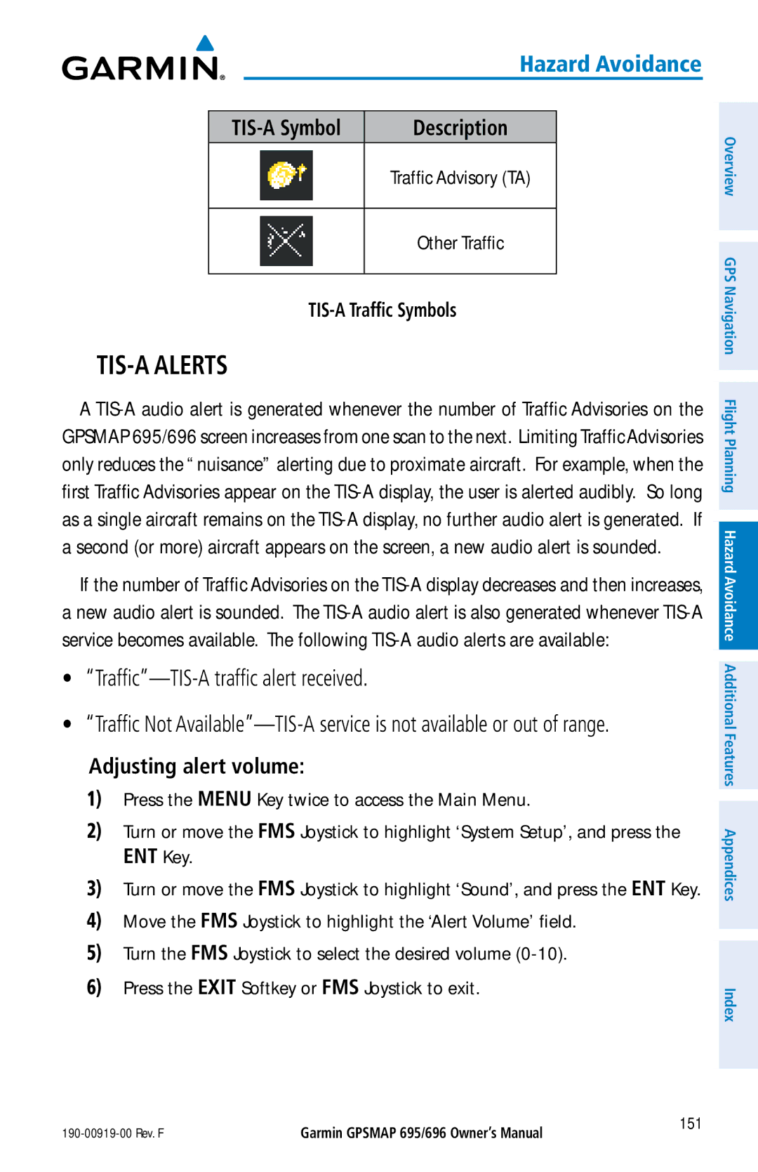 Garmin 696, 695 TIS-A Alerts, Traffic-TIS-A traffic alert received, TIS-A Symbol, Traffic Advisory TA Other Traffic 
