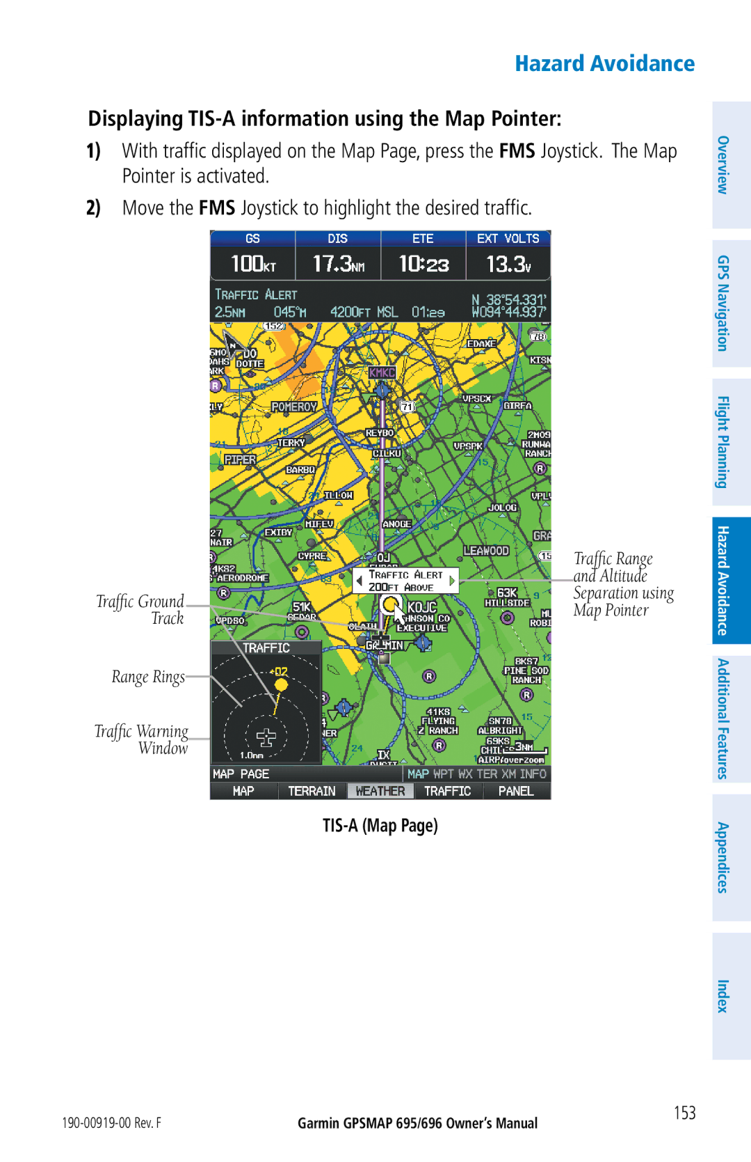 Garmin 696, 695 owner manual Displaying TIS-A information using the Map Pointer, TIS-A Map, 153 