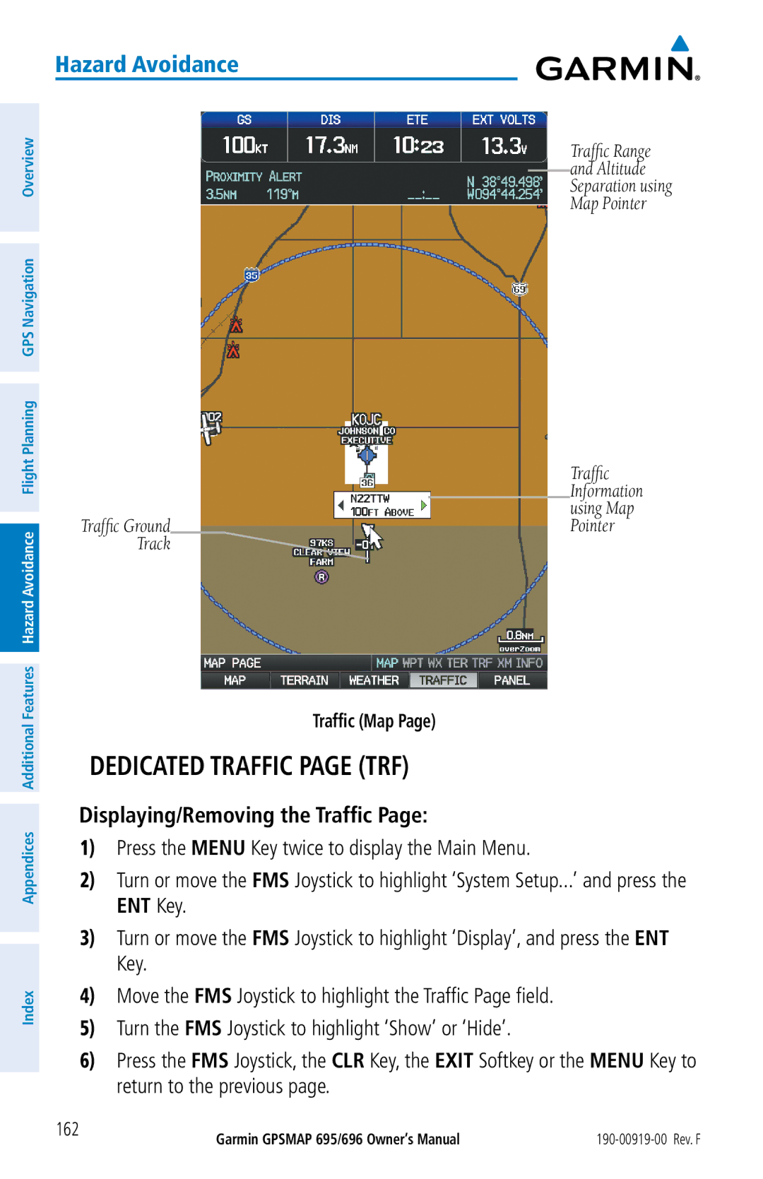 Garmin 695, 696 owner manual Dedicated Traffic page TRF, Displaying/Removing the Traffic, Traffic Map 