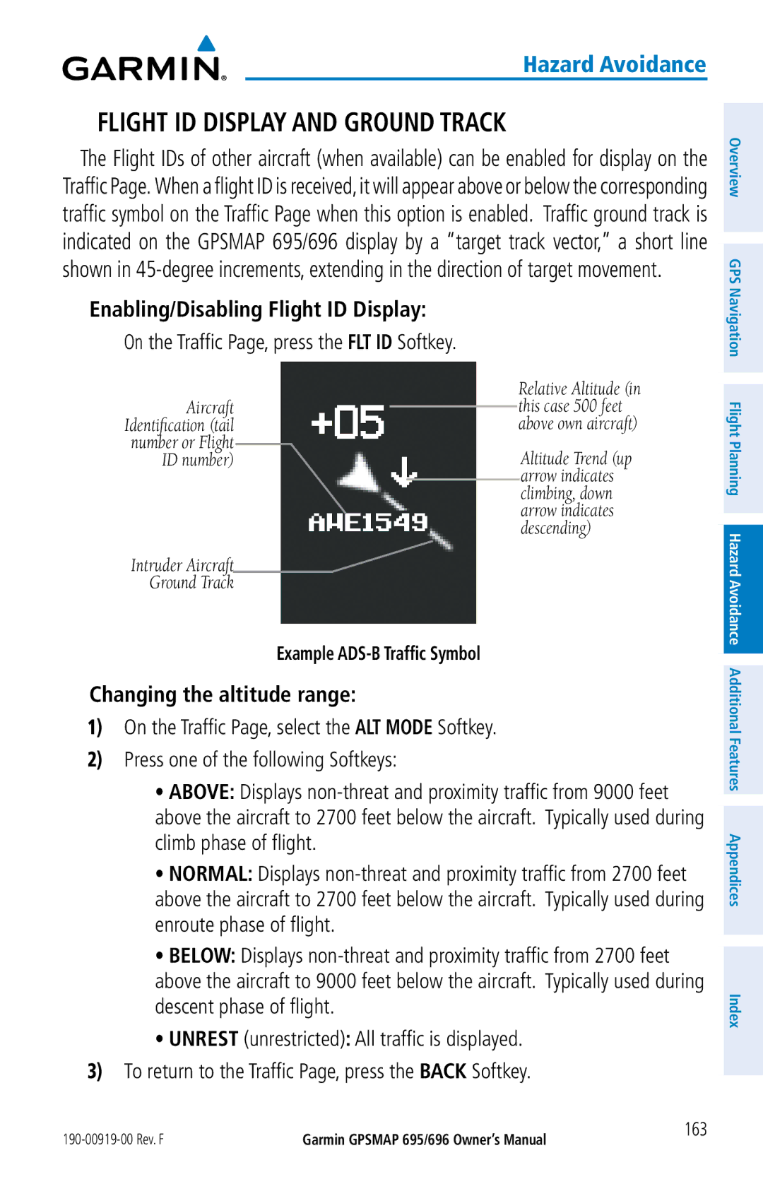 Garmin 696, 695 Flight ID Display and Ground Track, Enabling/Disabling Flight ID Display, Changing the altitude range 