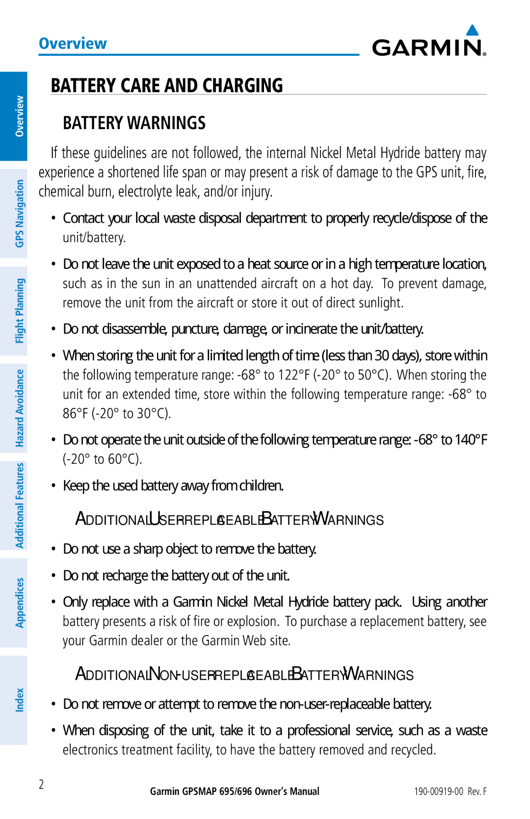 Garmin 695, 696 owner manual Battery Care and Charging, Additional User-replaceable Battery Warnings 