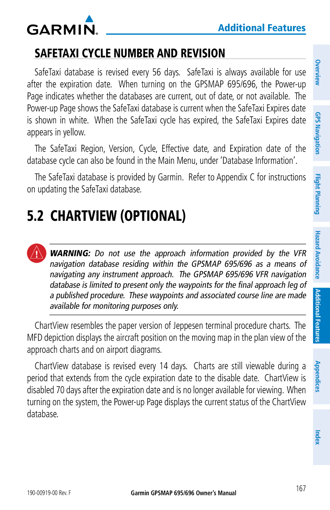 Garmin 696, 695 owner manual Chartview Optional, Safetaxi Cycle Number and Revision 