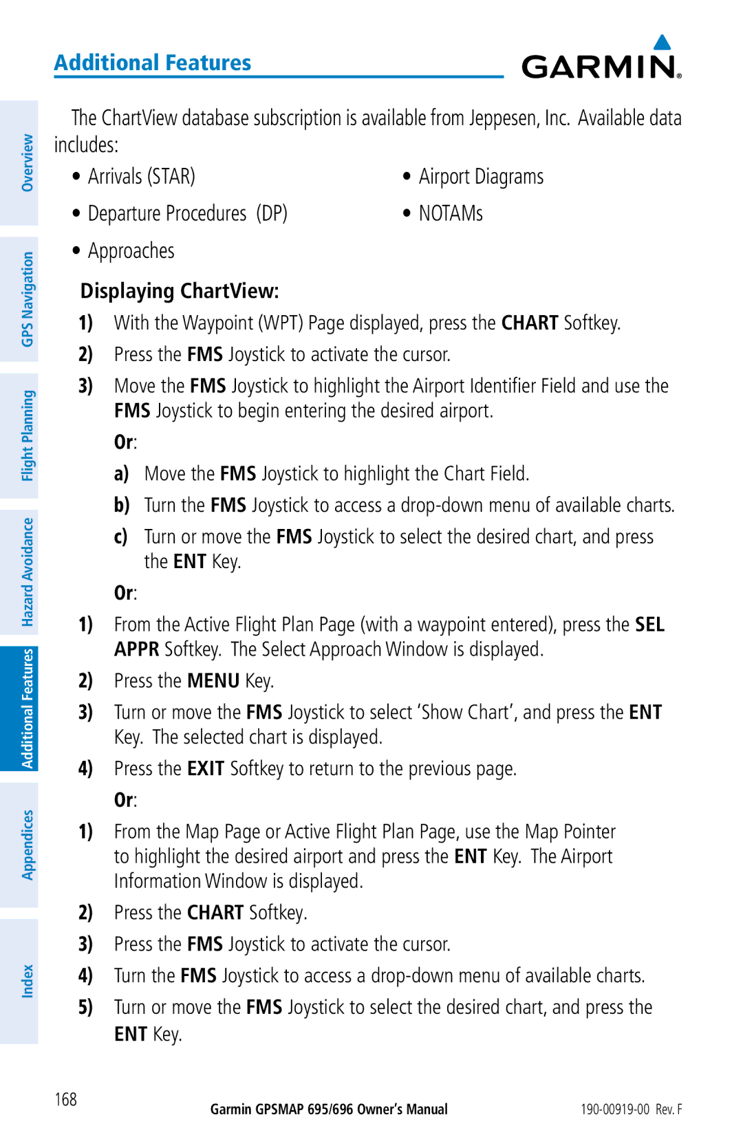 Garmin 695, 696 owner manual Departure Procedures DP NOTAMs Approaches, Displaying ChartView 