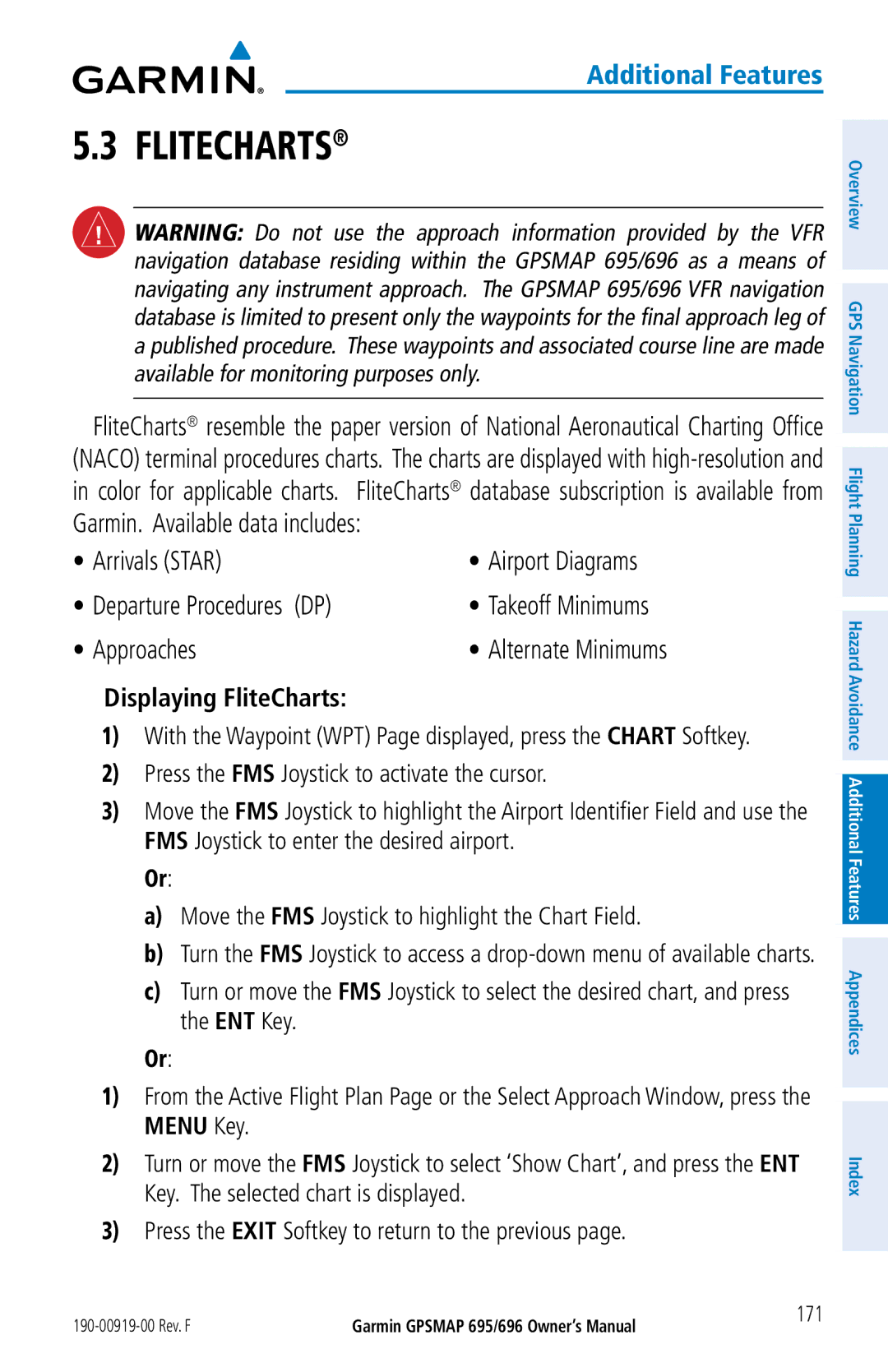 Garmin 696, 695 owner manual Flitecharts, Departure Procedures DP, Airport Diagrams, Displaying FliteCharts 