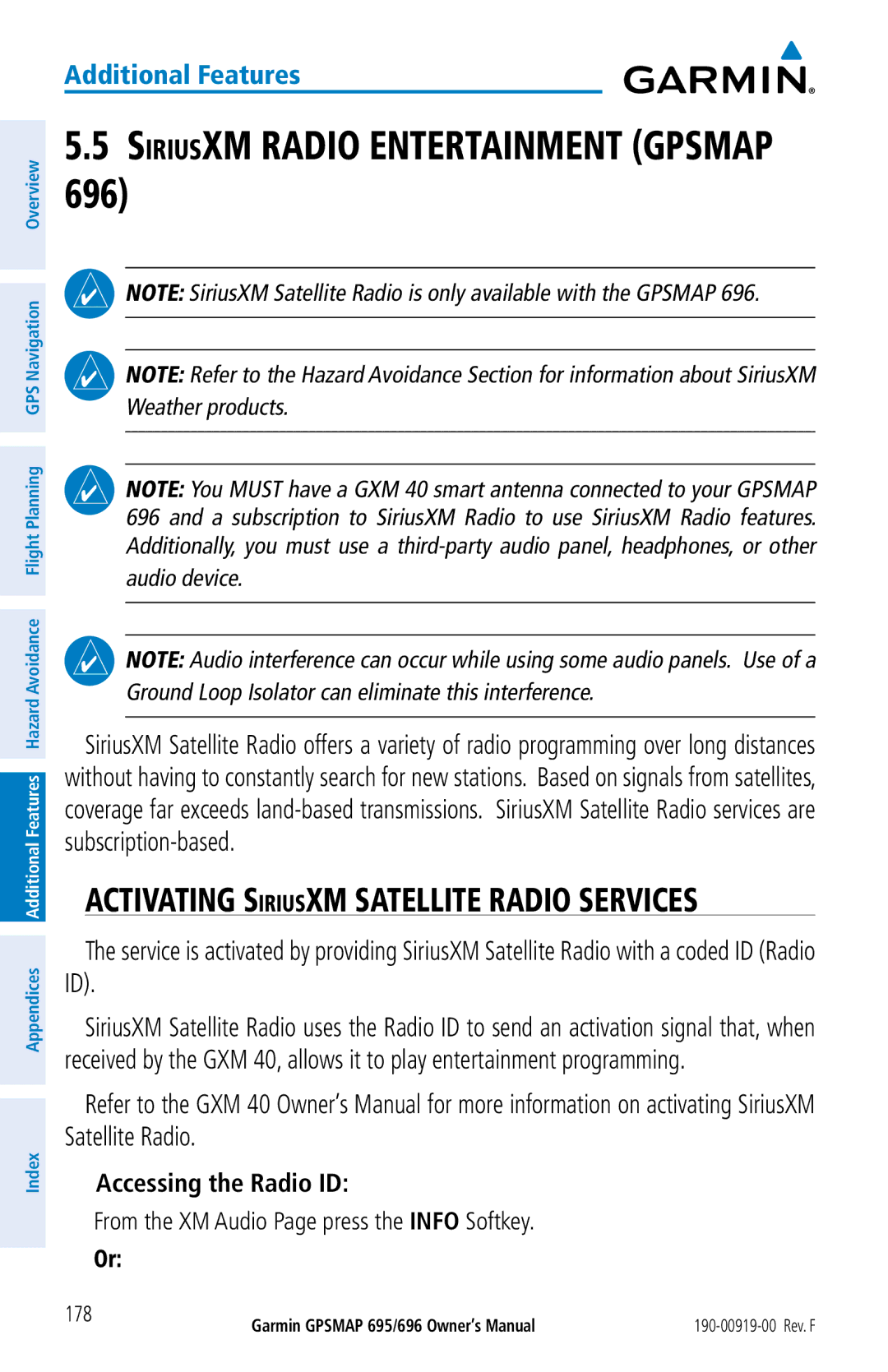 Garmin 695, 696 owner manual Accessing the Radio ID, From the XM Audio Page press the Info Softkey 