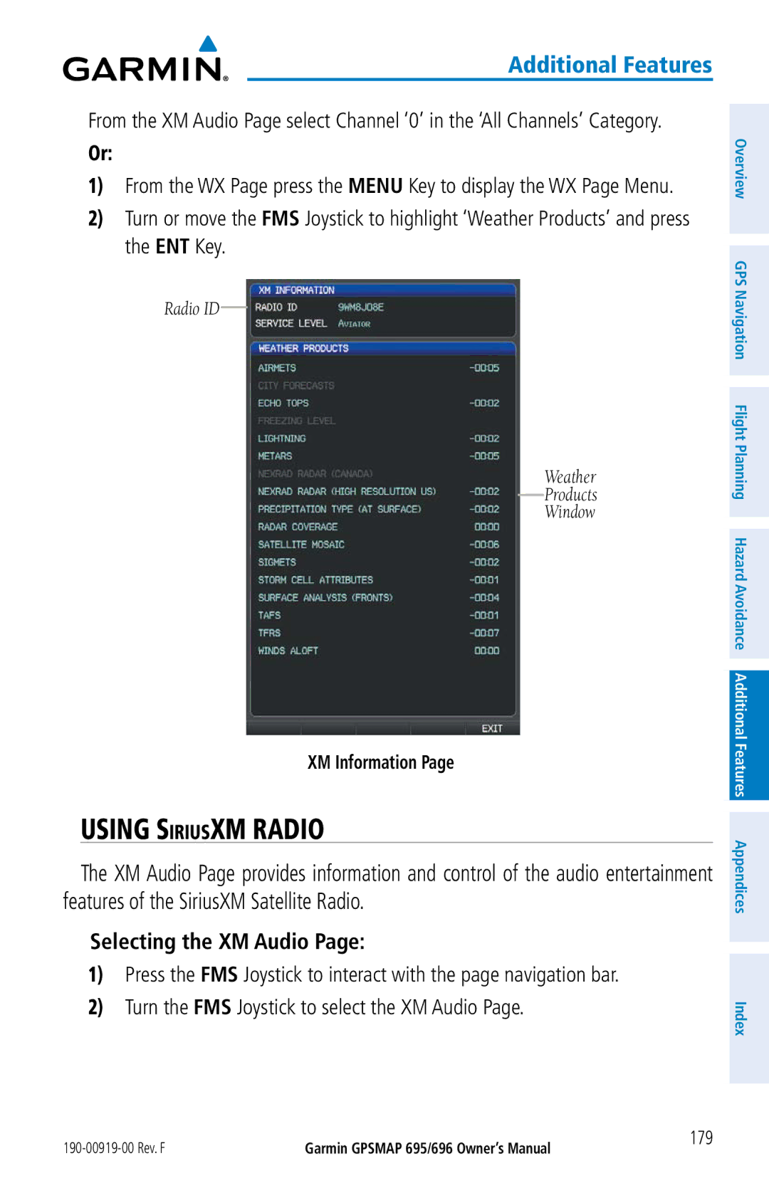 Garmin 696, 695 owner manual Selecting the XM Audio, XM Information 