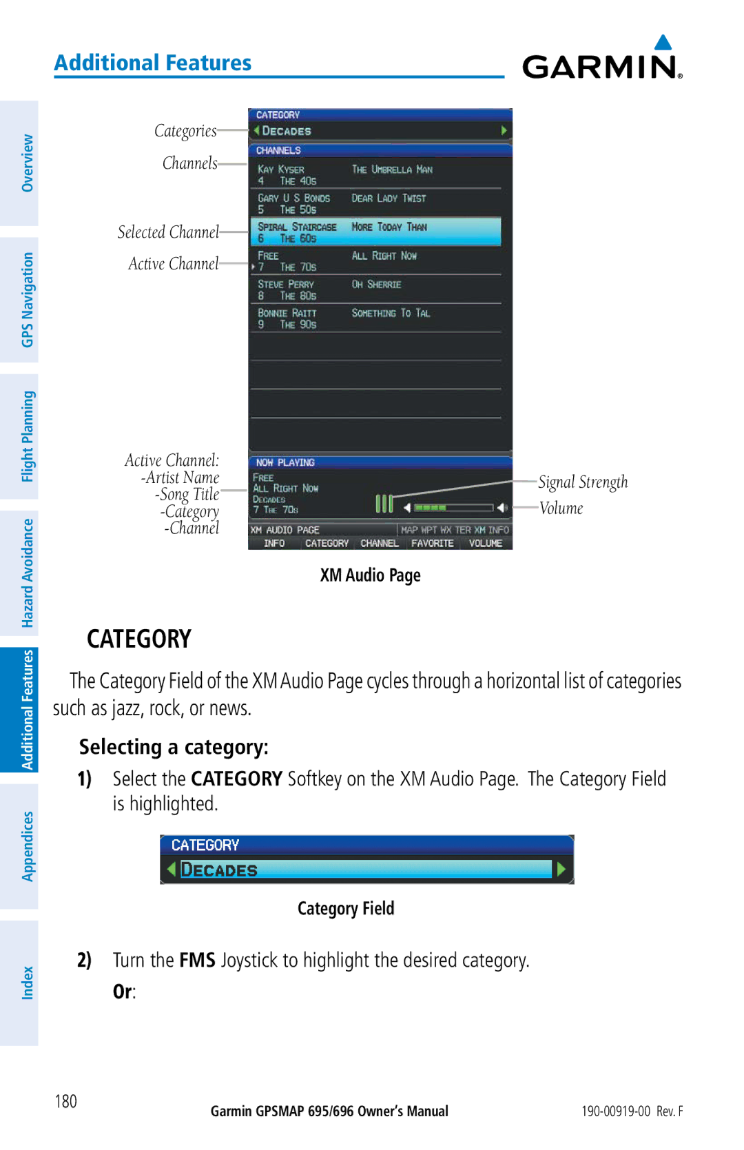 Garmin 695, 696 Selecting a category, Turn the FMS Joystick to highlight the desired category. Or, Category Field 