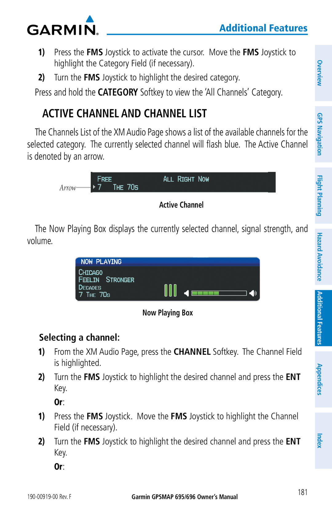 Garmin 696, 695 owner manual Active Channel and Channel List, Selecting a channel, Now Playing Box, 181 