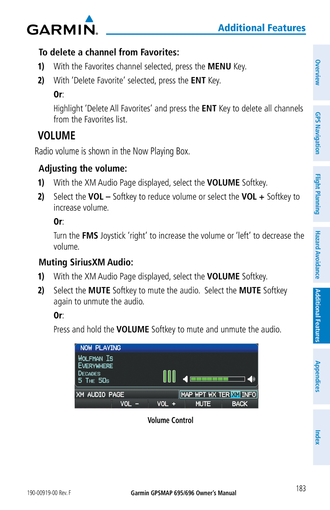 Garmin 696 Volume, Radio volume is shown in the Now Playing Box, To delete a channel from Favorites, Adjusting the volume 