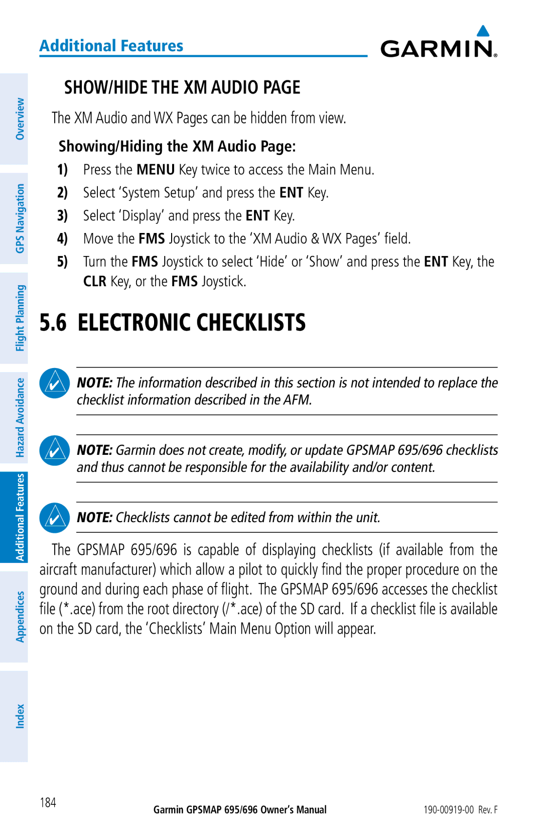 Garmin 695, 696 owner manual Electronic Checklists, SHOW/HIDE the XM Audio, XM Audio and WX Pages can be hidden from view 