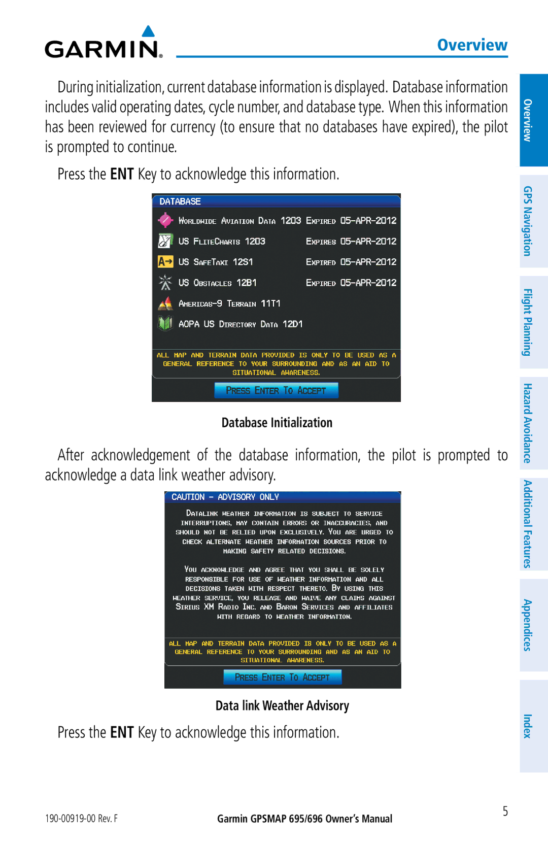 Garmin 696, 695 Press the ENT Key to acknowledge this information, Database Initialization, Data link Weather Advisory 