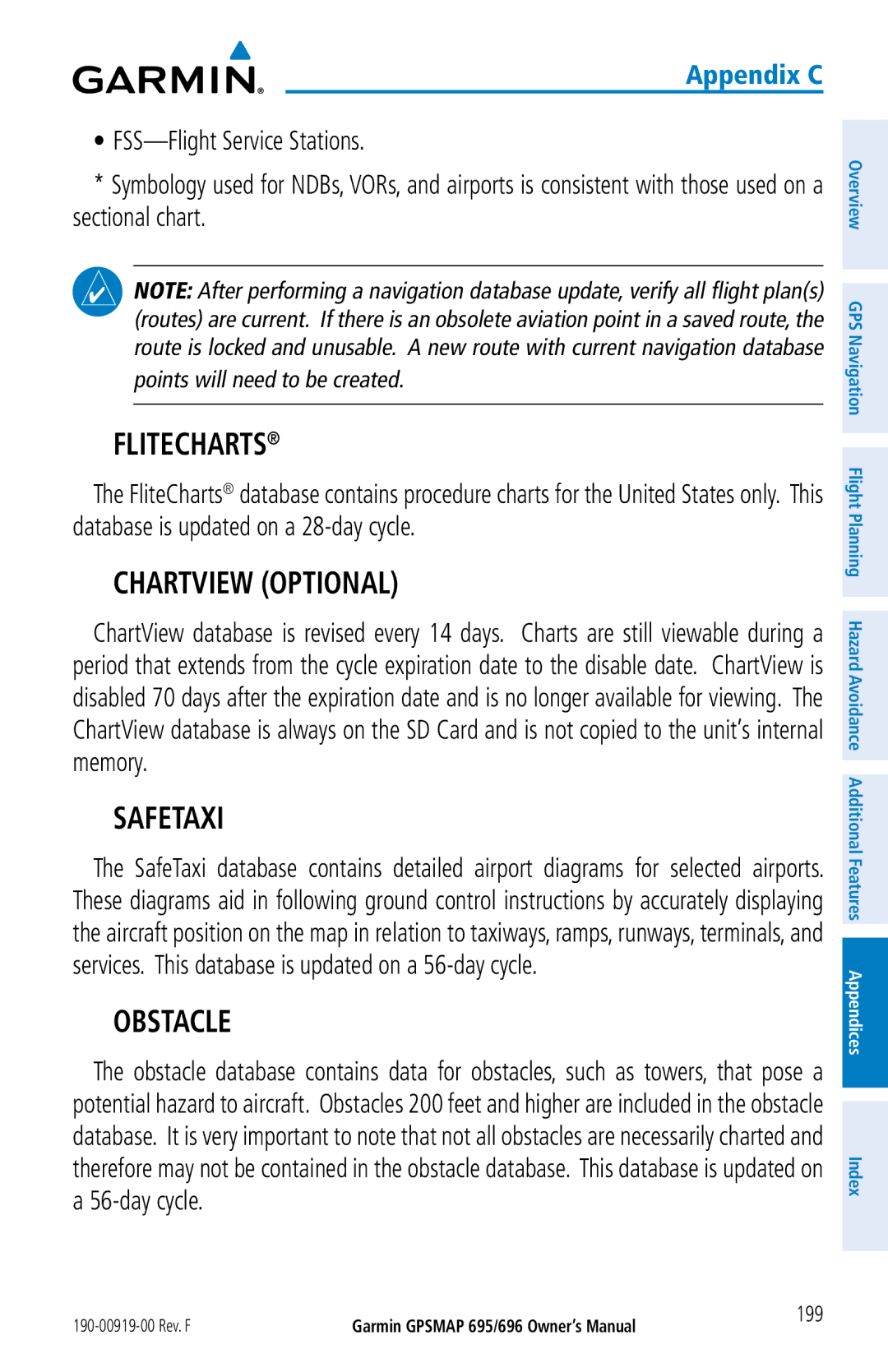 Garmin 696, 695 owner manual Flitecharts, Chartview Optional, Safetaxi, Obstacle, 199 