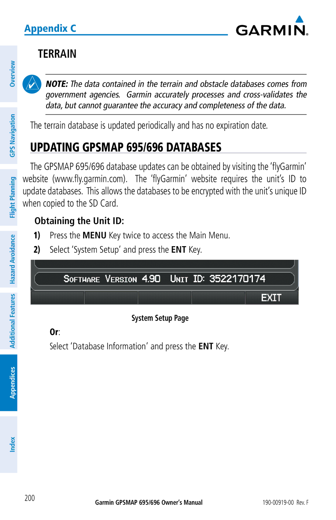 Garmin Updating Gpsmap 695/696 Databases, Obtaining the Unit ID, Select ‘Database Information’ and press the ENT Key 