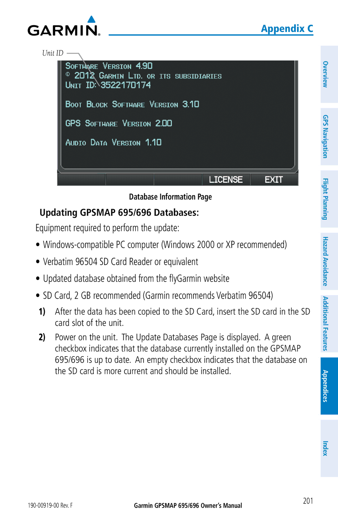 Garmin Equipment required to perform the update, Updating Gpsmap 695/696 Databases, Database Information, 201 