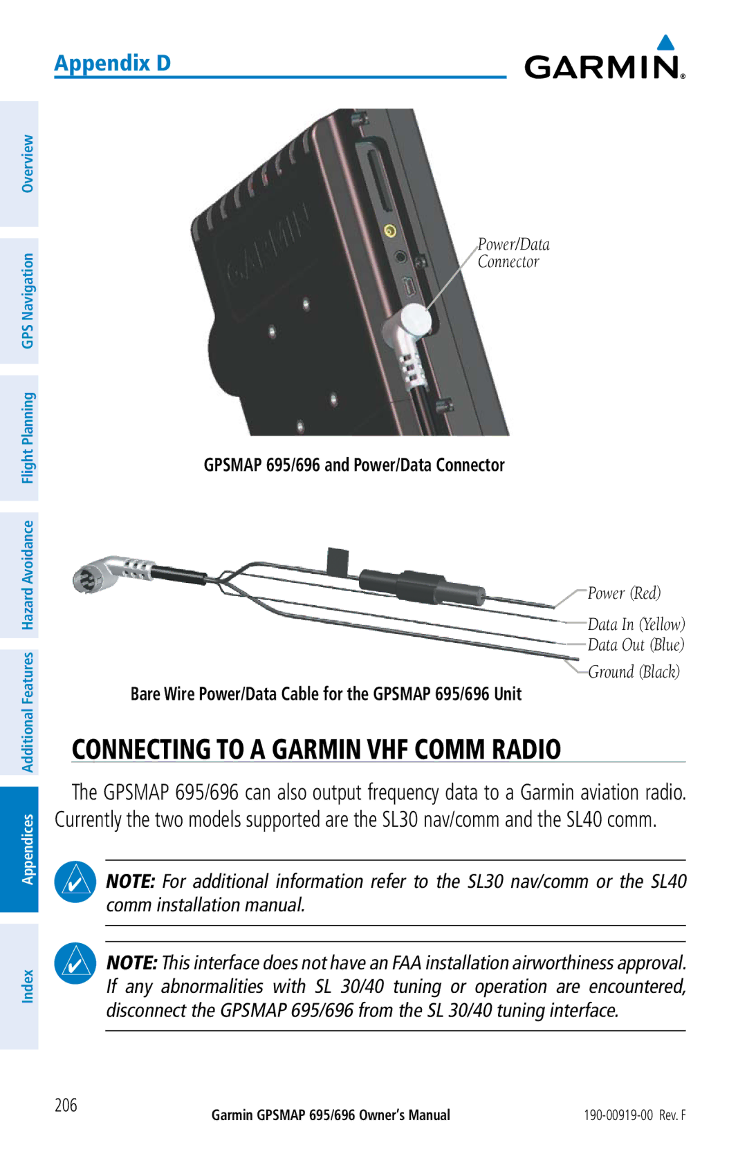 Garmin owner manual Connecting to a Garmin VHF Comm Radio, Gpsmap 695/696 and Power/Data Connector 