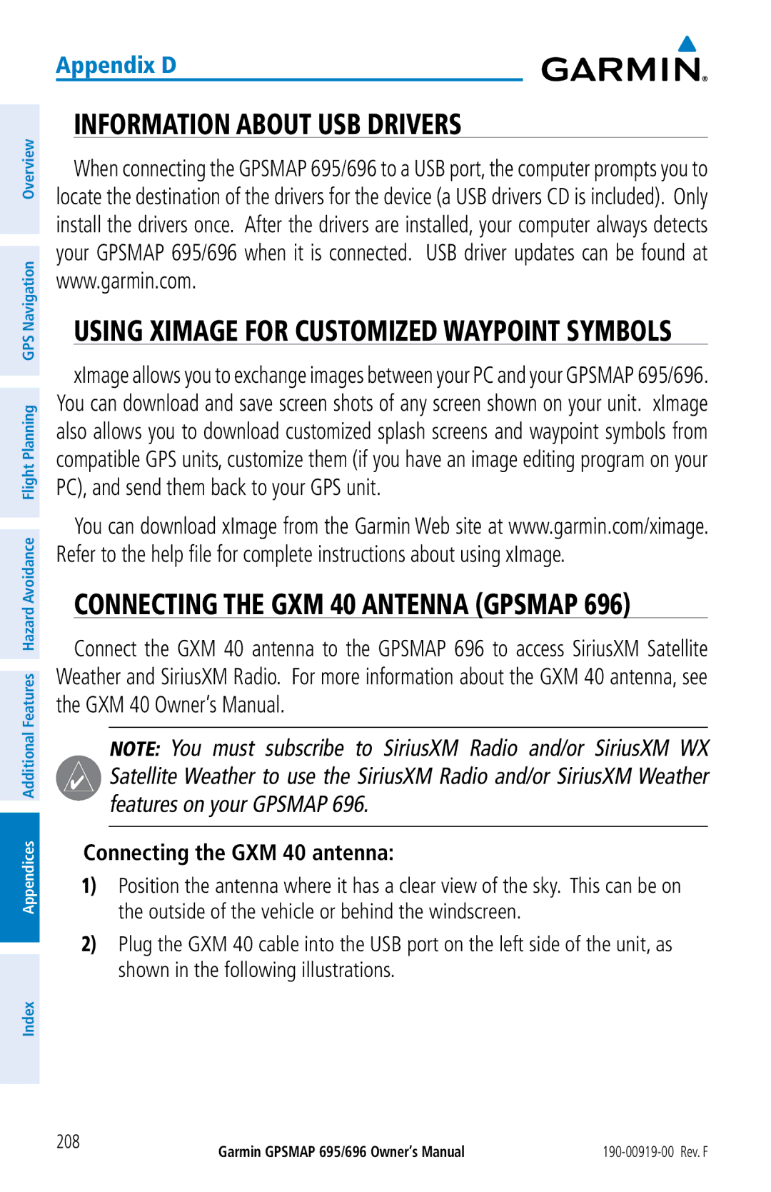 Garmin 695, 696 owner manual Information about USB Drivers, Connecting the GXM 40 antenna 