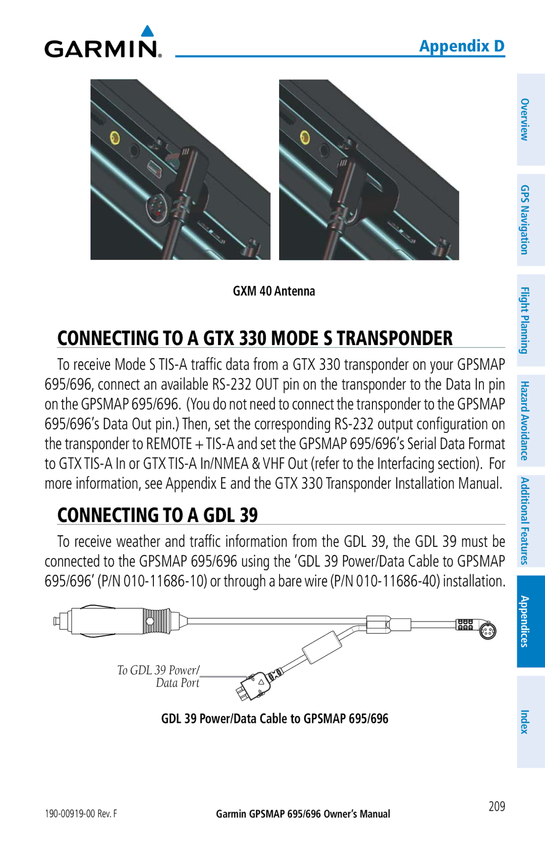 Garmin owner manual Connecting to a GDL, GXM 40 Antenna, GDL 39 Power/Data Cable to Gpsmap 695/696 