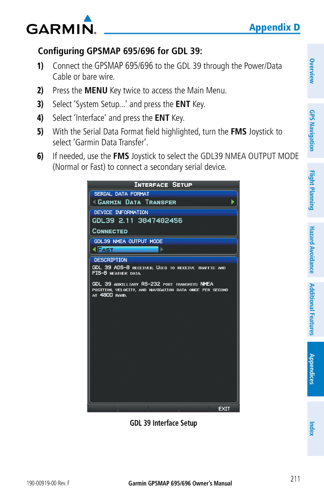 Garmin owner manual Configuring Gpsmap 695/696 for GDL, GDL 39 Interface Setup, 211 
