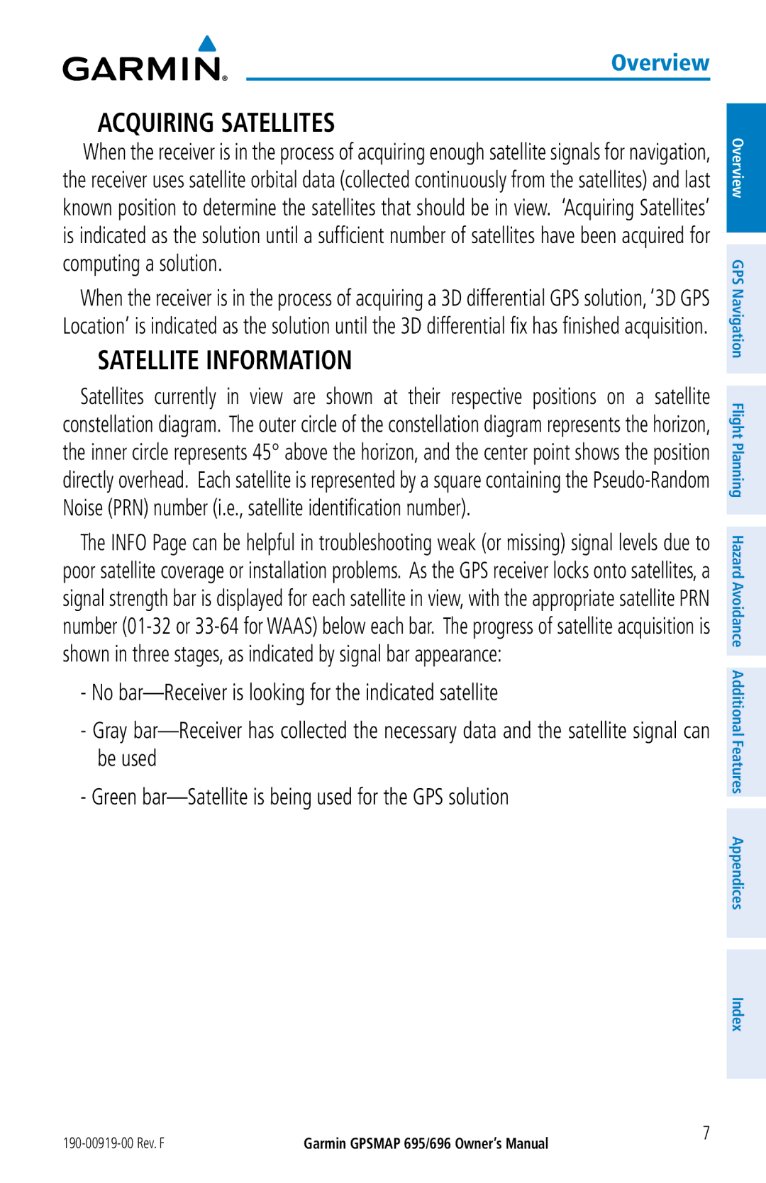 Garmin 696, 695 owner manual Acquiring Satellites, Satellite Information 