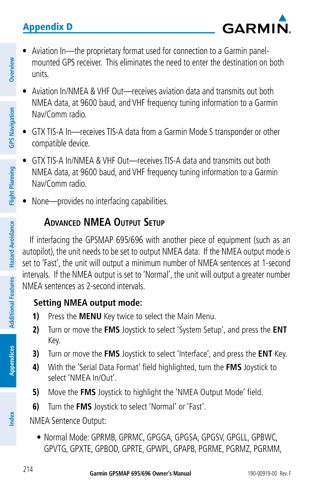 Garmin 695, 696 owner manual Nmea Sentence Output, Setting Nmea output mode, Advanced Nmea Output Setup 