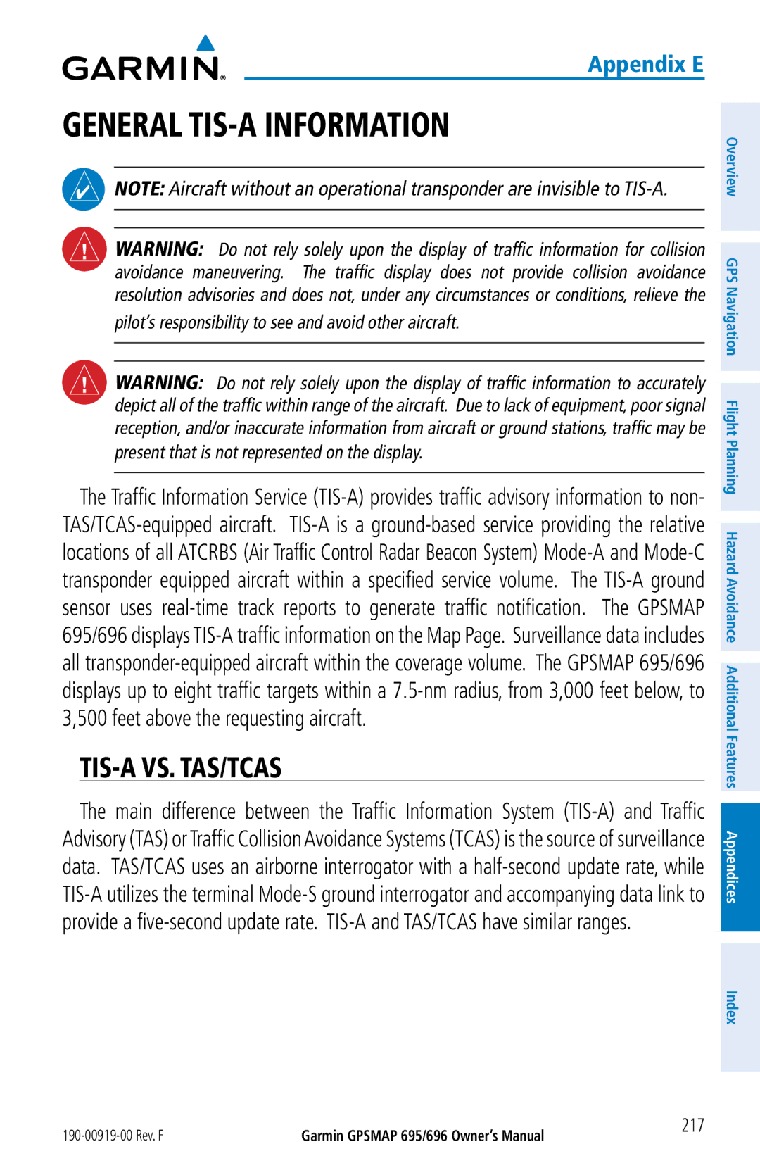 Garmin 696, 695 owner manual General TIS-A Information, Tis-A Vs. Tas/Tcas 