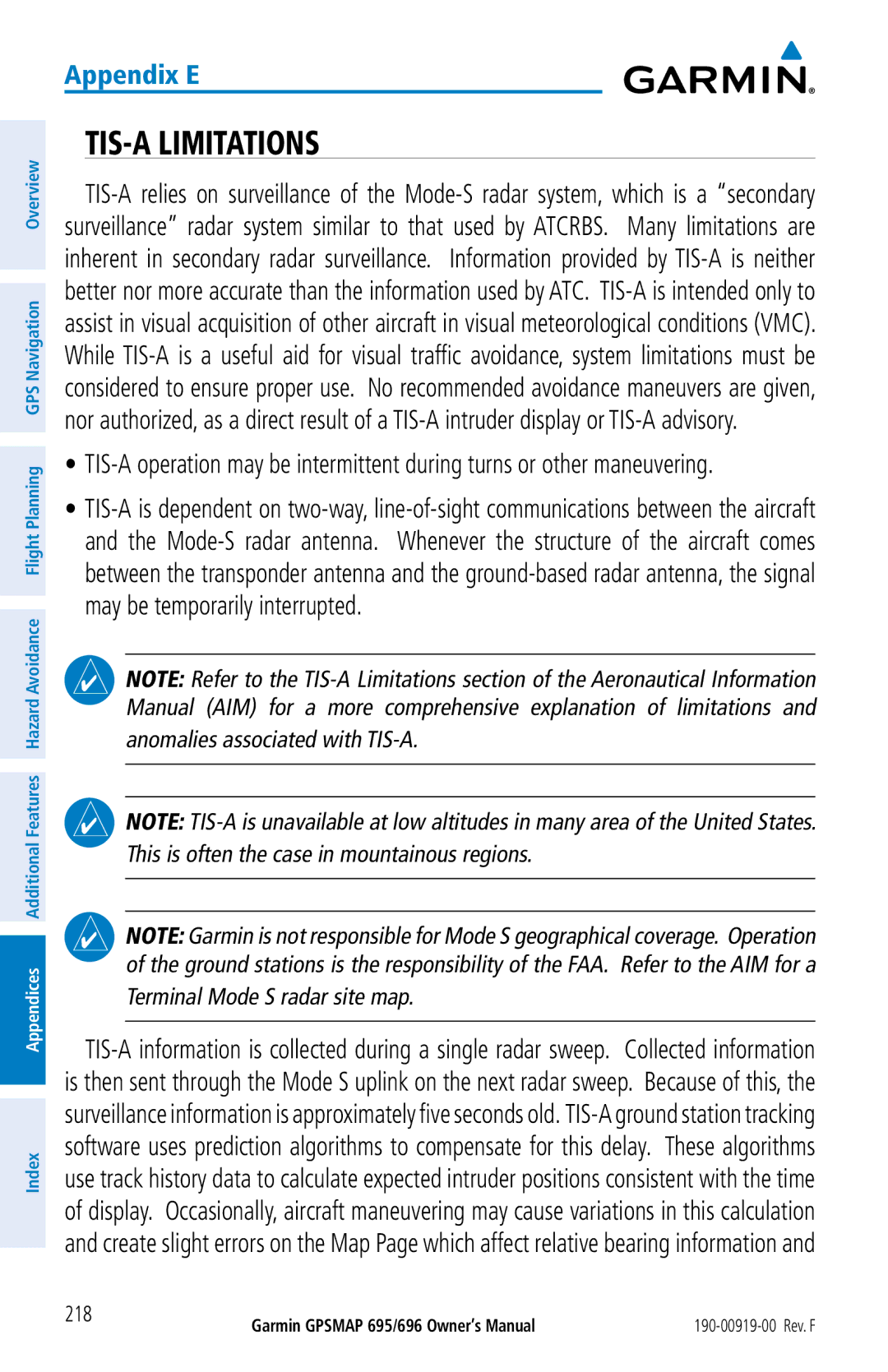 Garmin 695, 696 owner manual TIS-A Limitations, Terminal Mode S radar site map 