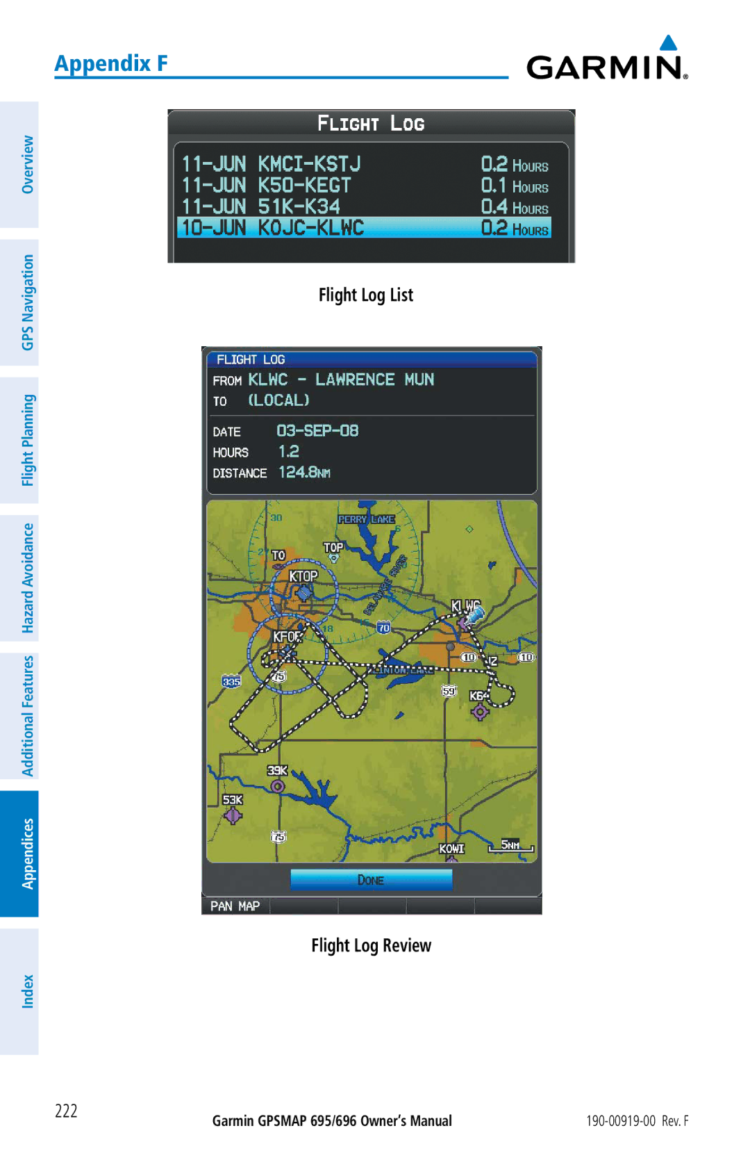 Garmin 695, 696 owner manual Flight Log List Flight Log Review 