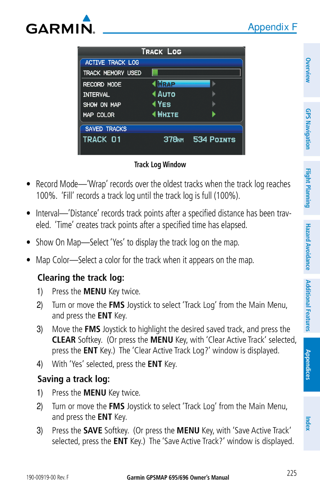 Garmin 696, 695 owner manual Clearing the track log, Saving a track log, Track Log Window, 225 