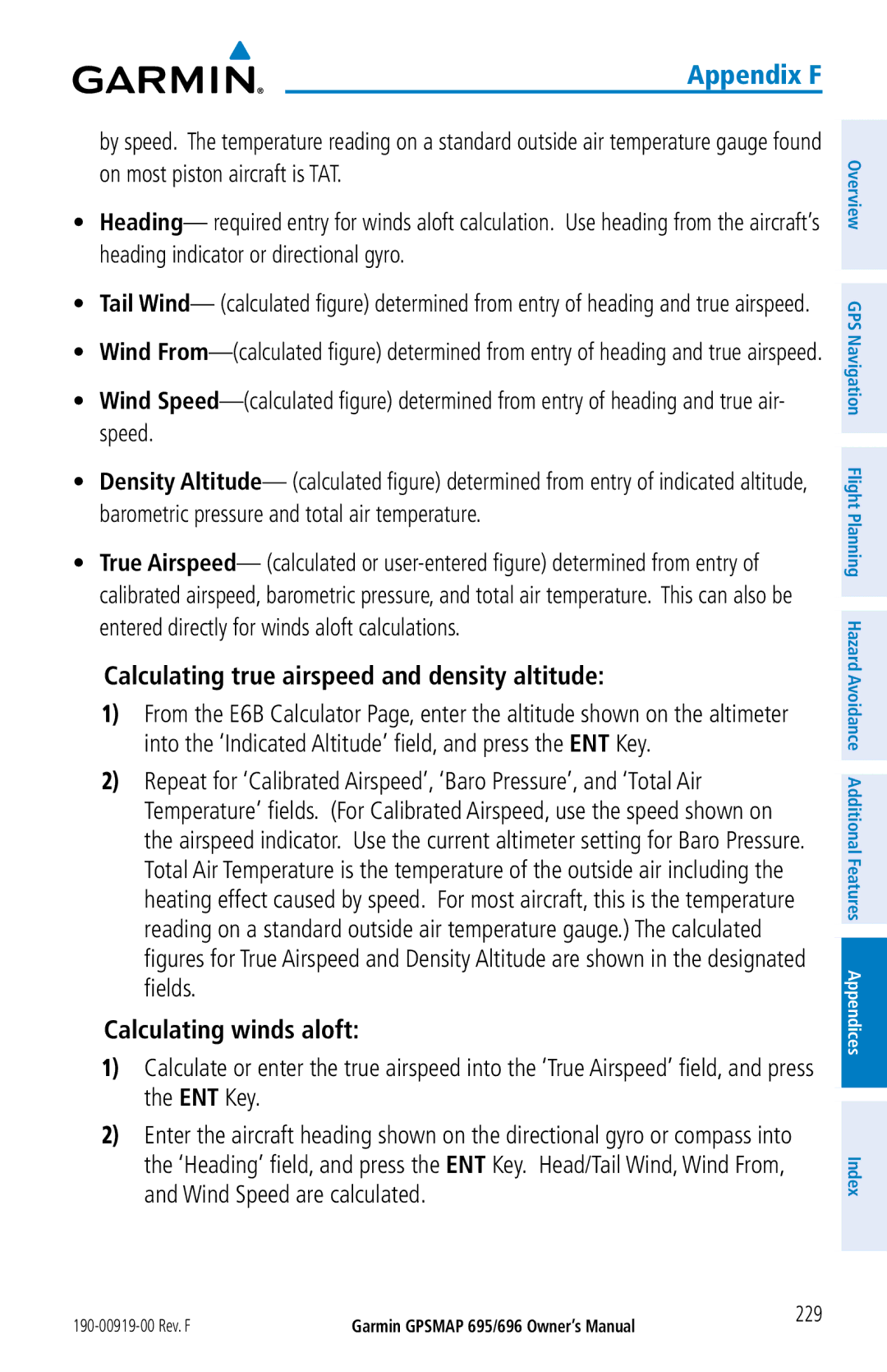 Garmin 696, 695 owner manual Calculating true airspeed and density altitude, Calculating winds aloft, 229 