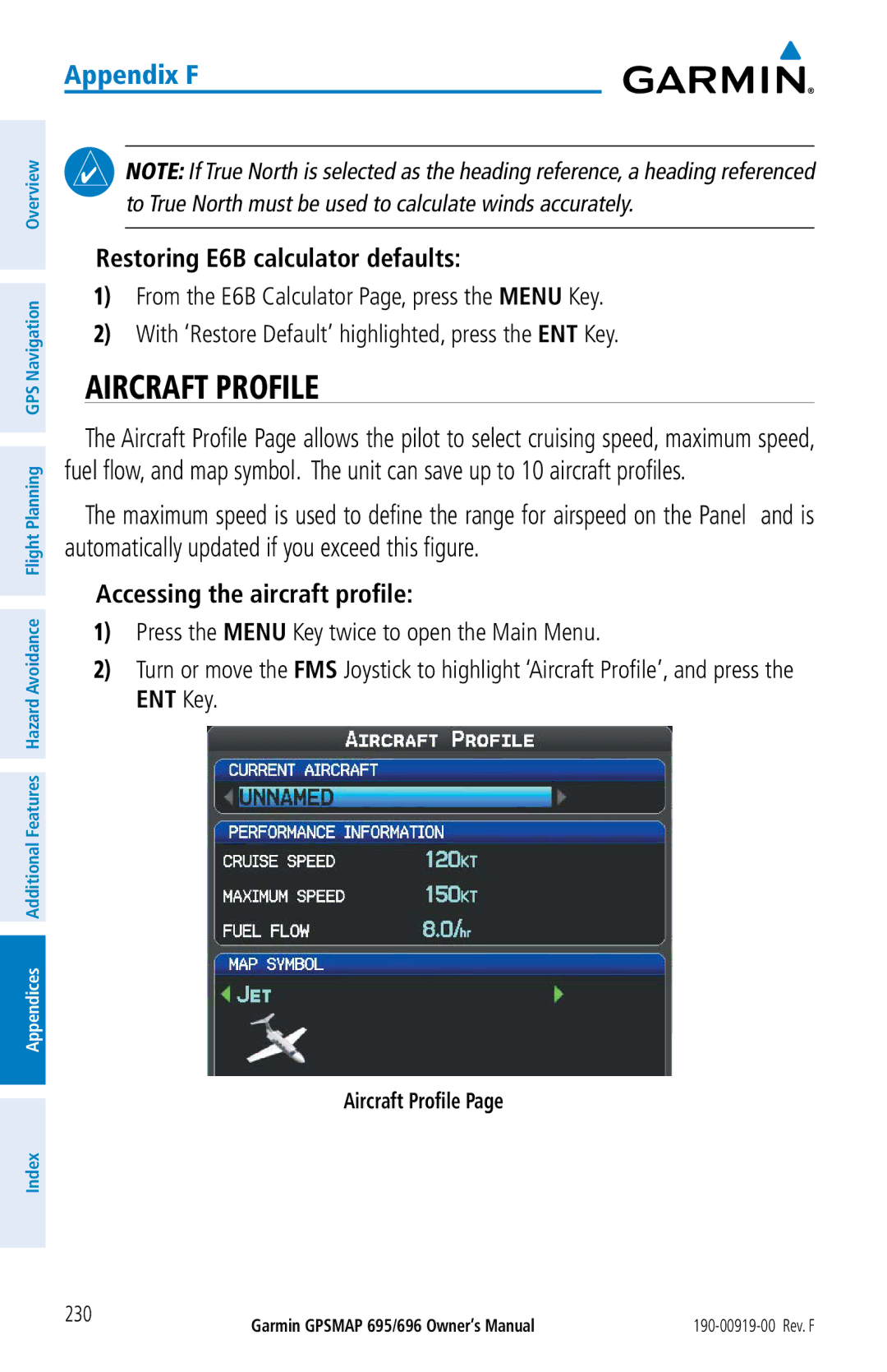 Garmin 695, 696 owner manual Aircraft Profile, Restoring E6B calculator defaults, Accessing the aircraft profile 